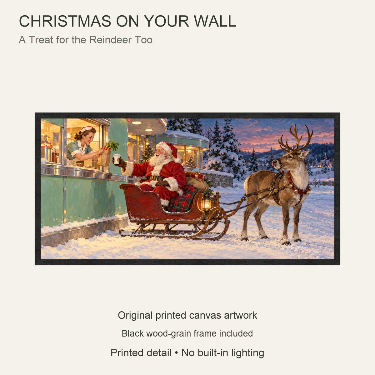 Santa and Reindeer Framed Canvas Wall Art, Christmas Diner Pickup Scene, Black Wood Frame, 40 x 20 Inches — Artwork theme and product configuration — Image 9