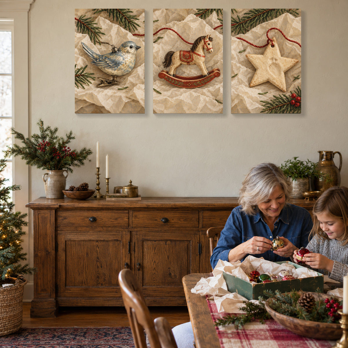 Christmas Ornament Canvas Wall Art Set of 3, Bird Rocking Horse and Star, Each 16 x 24 Inches, No Outer Frame — Complete artwork in a styled room — Image 1