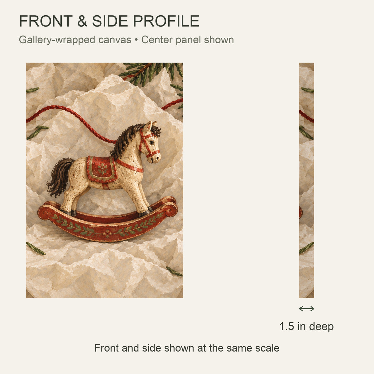 Christmas Ornament Canvas Wall Art Set of 3, Bird Rocking Horse and Star, Each 16 x 24 Inches, No Outer Frame — Front and side profile with 1.5-inch depth — Image 5
