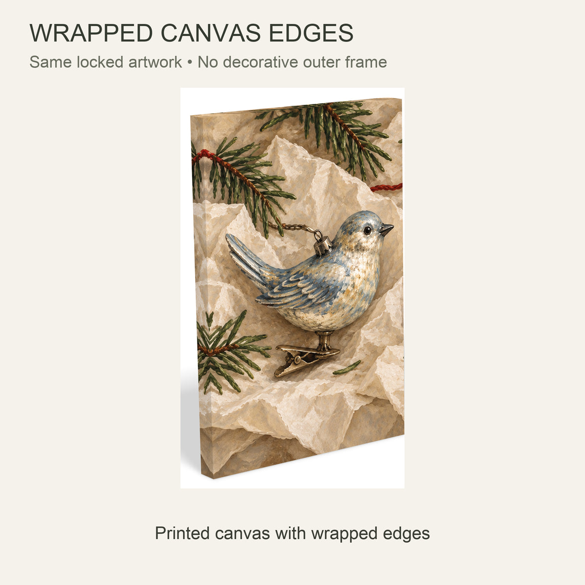 Christmas Ornament Canvas Wall Art Set of 3, Bird Rocking Horse and Star, Each 16 x 24 Inches, No Outer Frame — Gallery-wrapped canvas edge detail — Image 6