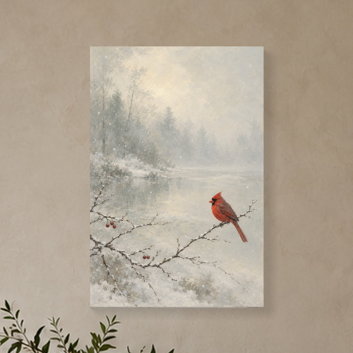 A Cardinal in the First Snow — Gallery-Wrapped Canvas Wall Art — Atmospheric canvas close view — Image 1