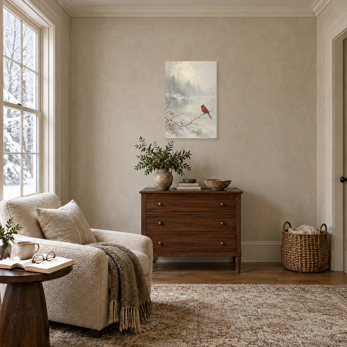 A Cardinal in the First Snow — Gallery-Wrapped Canvas Wall Art — Winter room setting, 16 by 24 inch canvas — Image 2