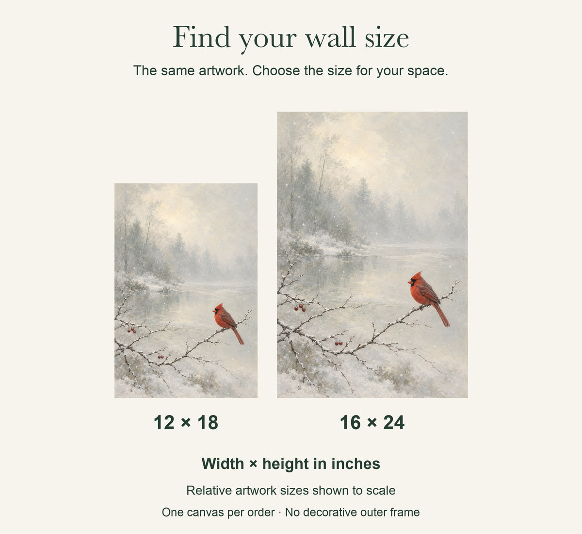 A Cardinal in the First Snow — Gallery-Wrapped Canvas Wall Art — artwork size comparison, width × height in inches — Image 7