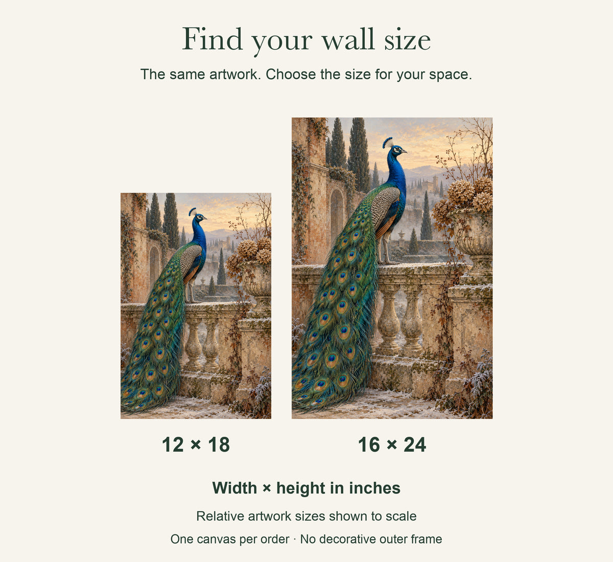 The Peacock in the Sleeping Garden — Gallery-Wrapped Canvas Wall Art — artwork size comparison, width × height in inches — Image 7