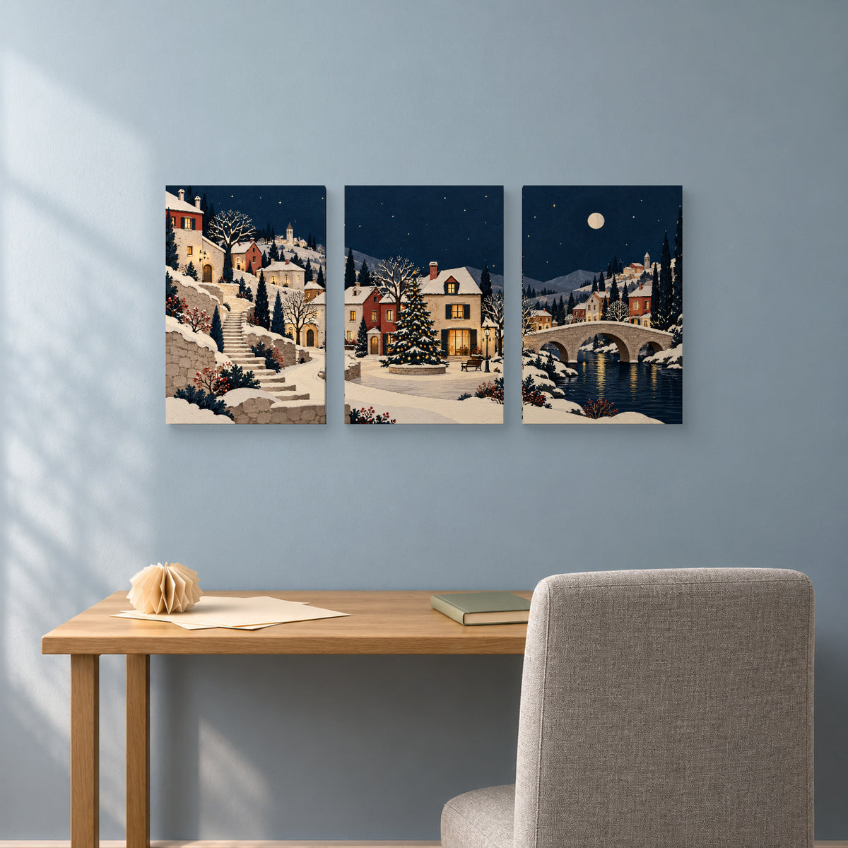 A Paper Christmas Village — Christmas 3-Piece Canvas Wall Art Set — Alternative lifestyle setting with the same artwork — Image 3
