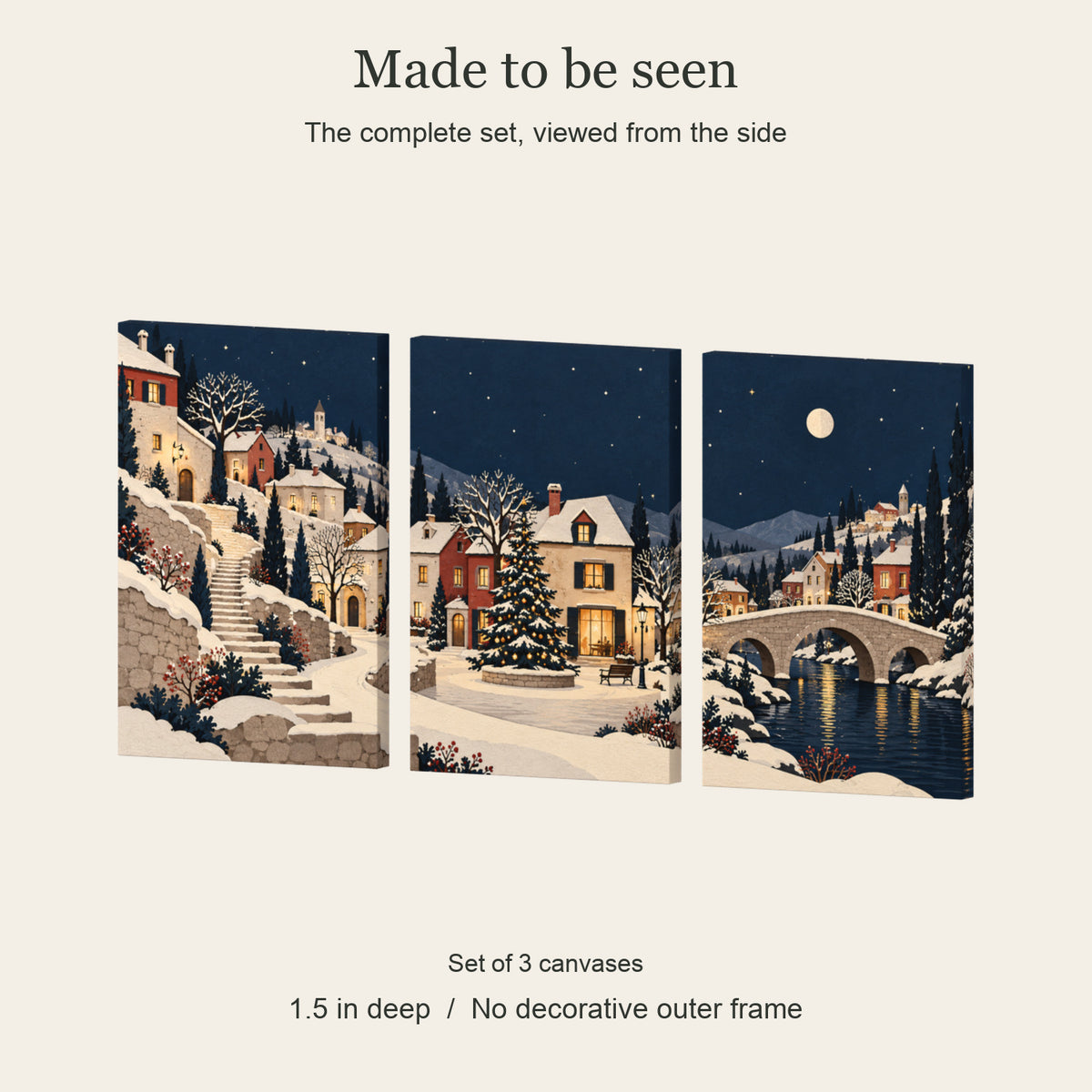 A Paper Christmas Village — Christmas 3-Piece Canvas Wall Art Set — Complete gallery-wrapped canvas side profile, 1.5 inches deep — Image 5