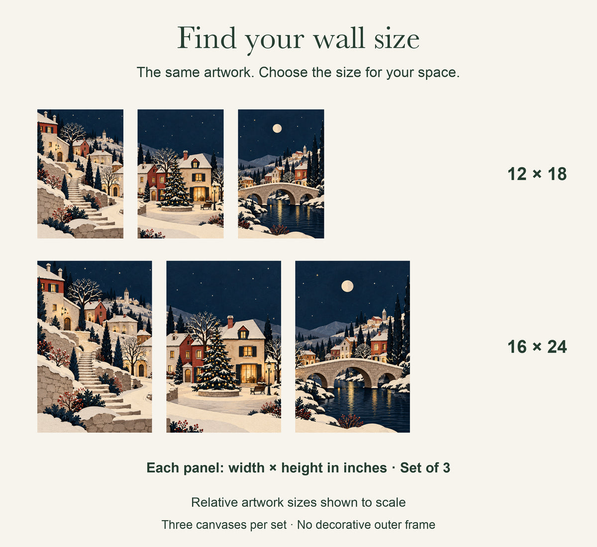 A Paper Christmas Village — Christmas 3-Piece Canvas Wall Art Set — artwork size comparison, width × height in inches, dimensions per panel, set of 3 — Image 9