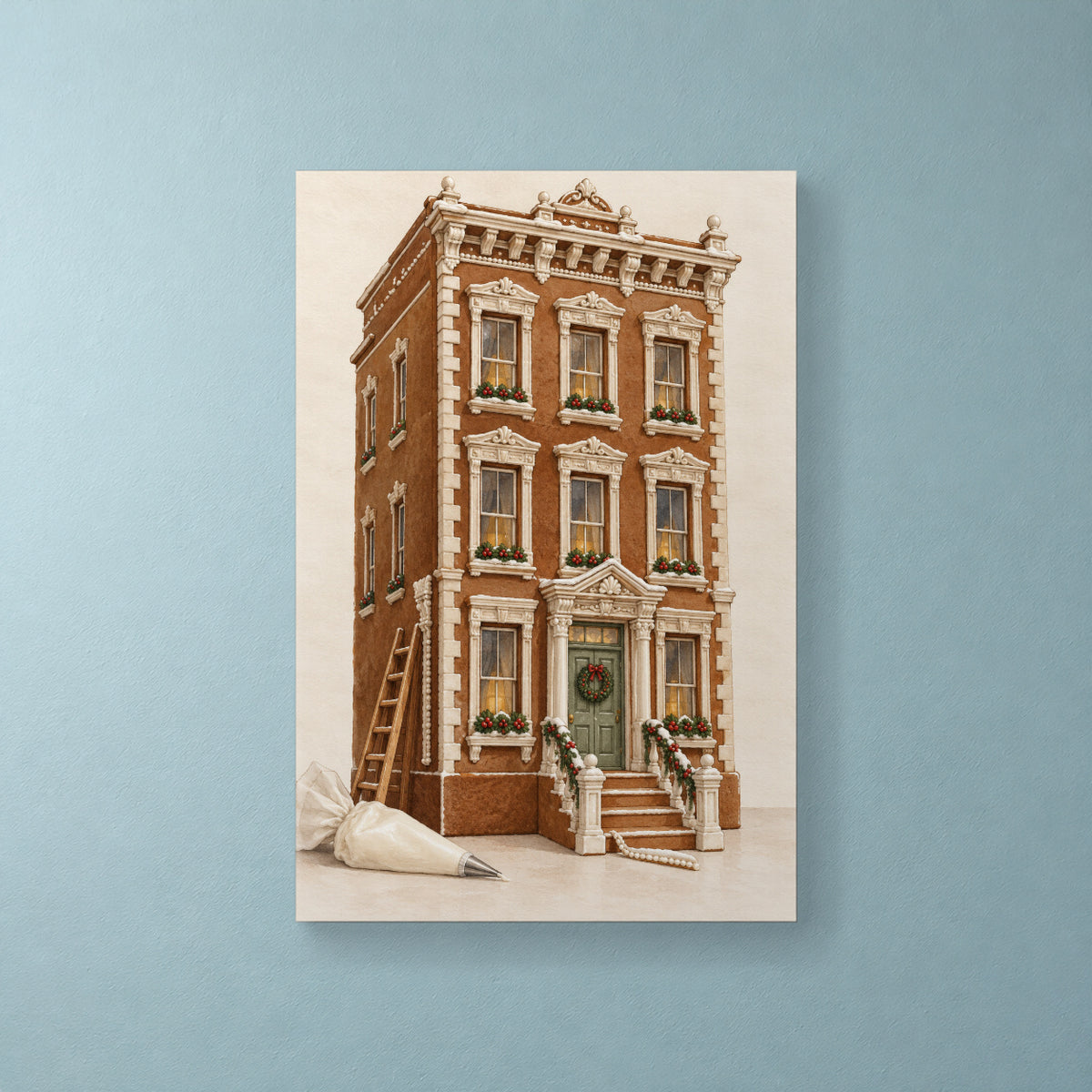The Gingerbread Architect — Christmas Canvas Wall Art — Complete original artwork on a softly lit wall — Image 1