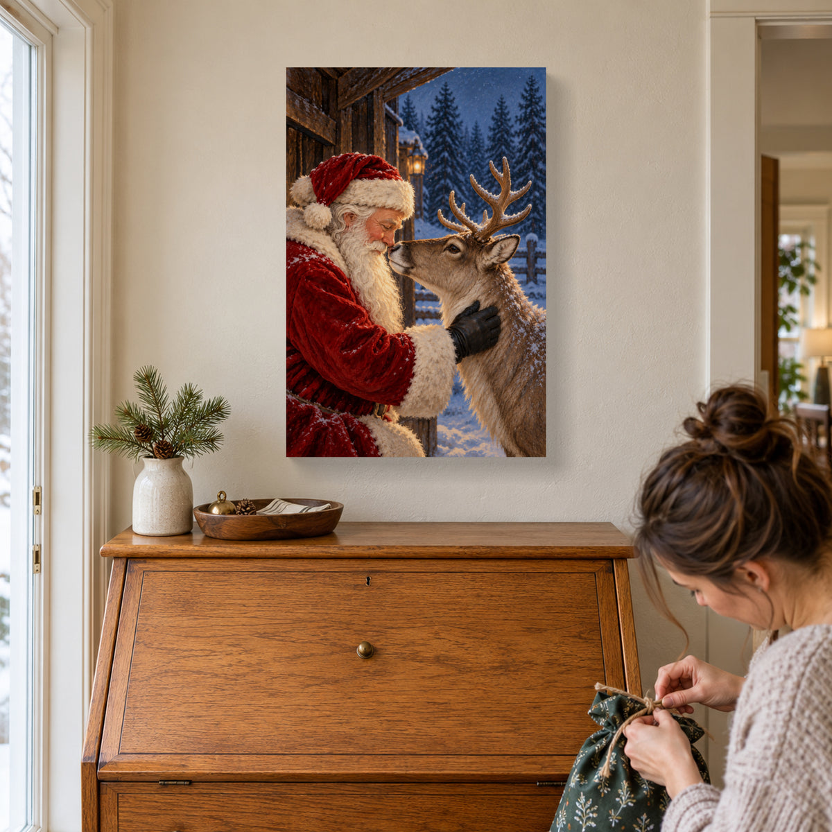 Santa and Reindeer Christmas Canvas Wall Art, Nose-to-Nose Winter Scene, 12 x 18 Inches, Gallery Wrapped, No Outer Frame — Complete 12 by 18 inch canvas in a styled room — Image 1