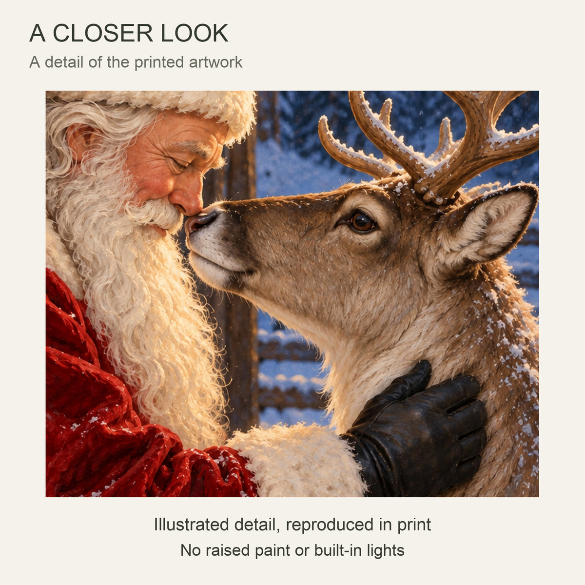 Santa and Reindeer Christmas Canvas Wall Art, Nose-to-Nose Winter Scene, 12 x 18 Inches, Gallery Wrapped, No Outer Frame — Close-up crop of printed artwork — Image 4