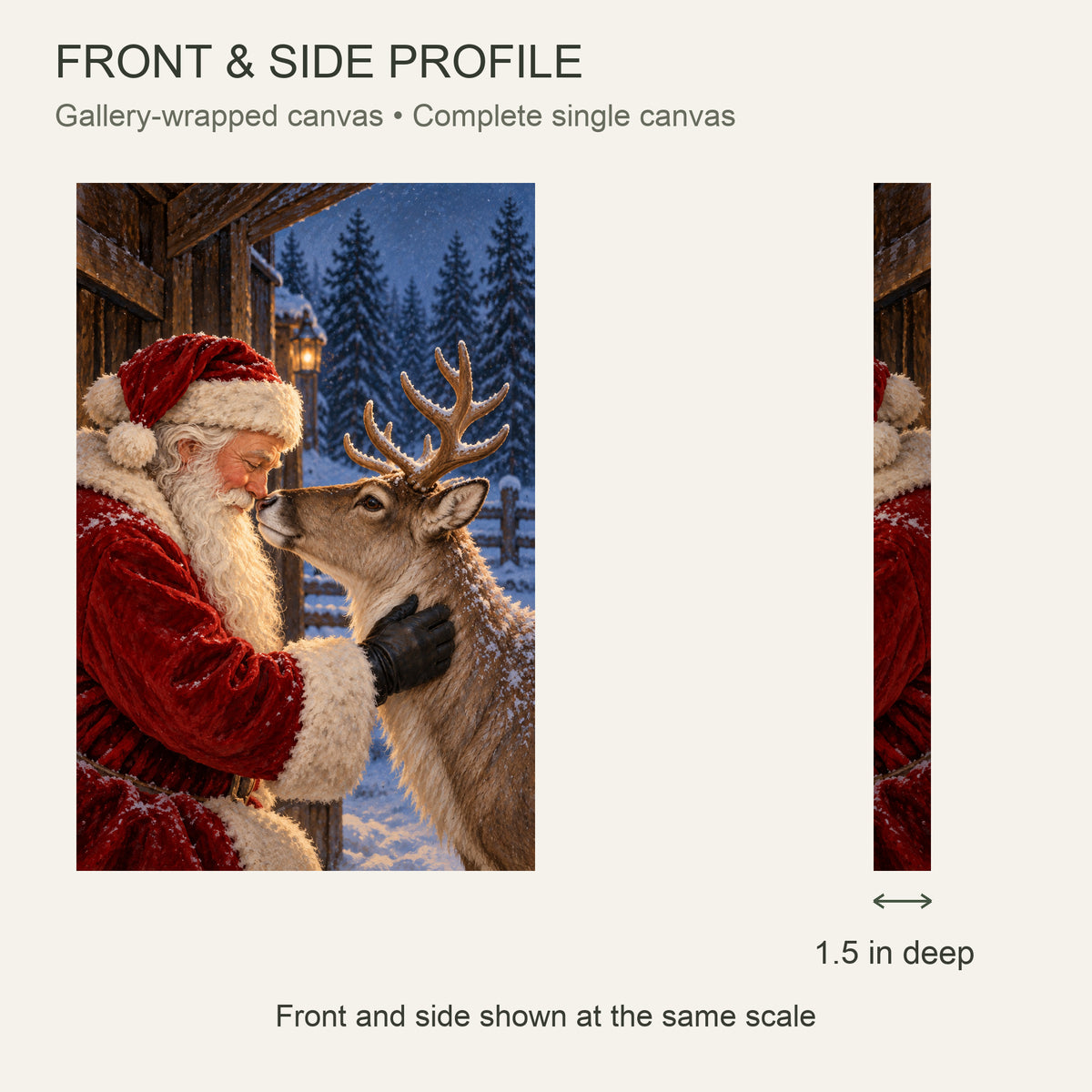 Santa and Reindeer Christmas Canvas Wall Art, Nose-to-Nose Winter Scene, 12 x 18 Inches, Gallery Wrapped, No Outer Frame — Front and side profile with 1.5-inch depth — Image 5