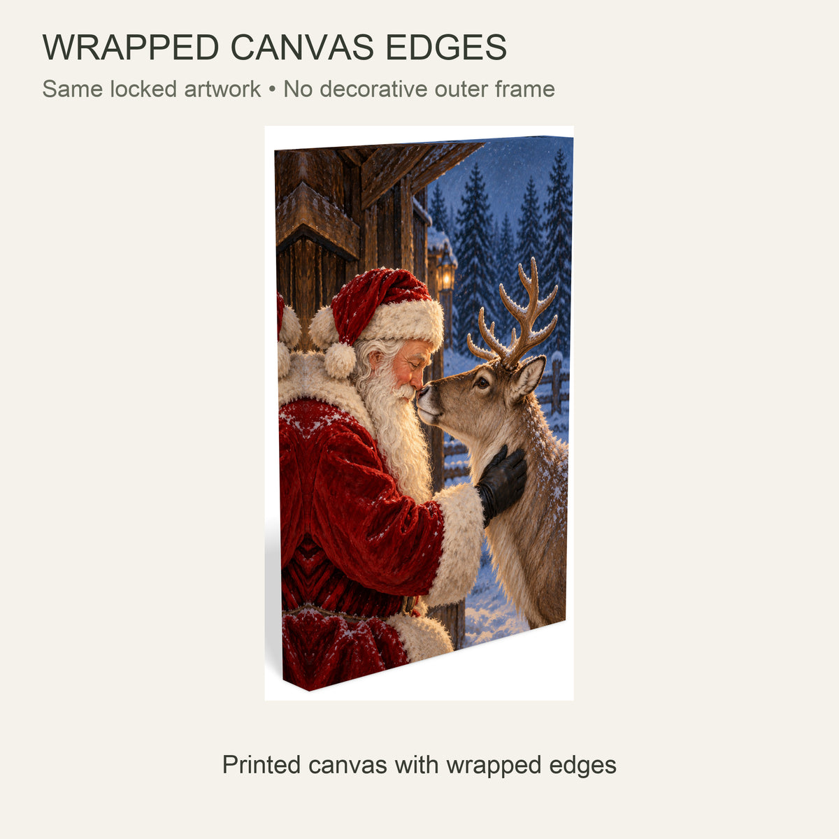 Santa and Reindeer Christmas Canvas Wall Art, Nose-to-Nose Winter Scene, 12 x 18 Inches, Gallery Wrapped, No Outer Frame — Same artwork wrapped canvas edge detail, no outer frame — Image 6