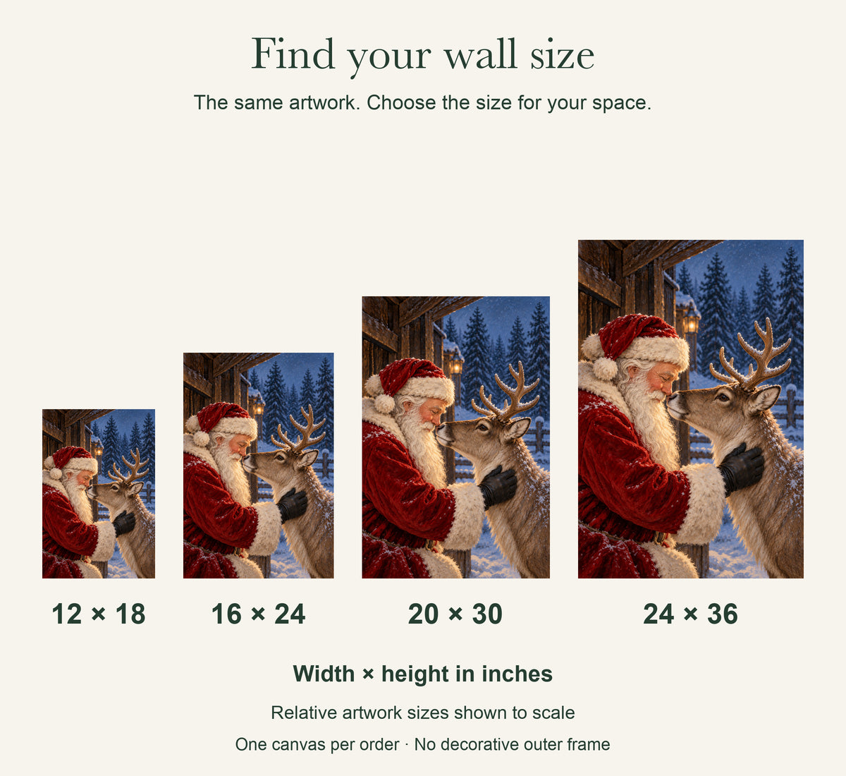 Santa and Reindeer Christmas Canvas Wall Art, Nose-to-Nose Winter Scene, 12 x 18 Inches, Gallery Wrapped, No Outer Frame — artwork size comparison, width × height in inches — Image 8
