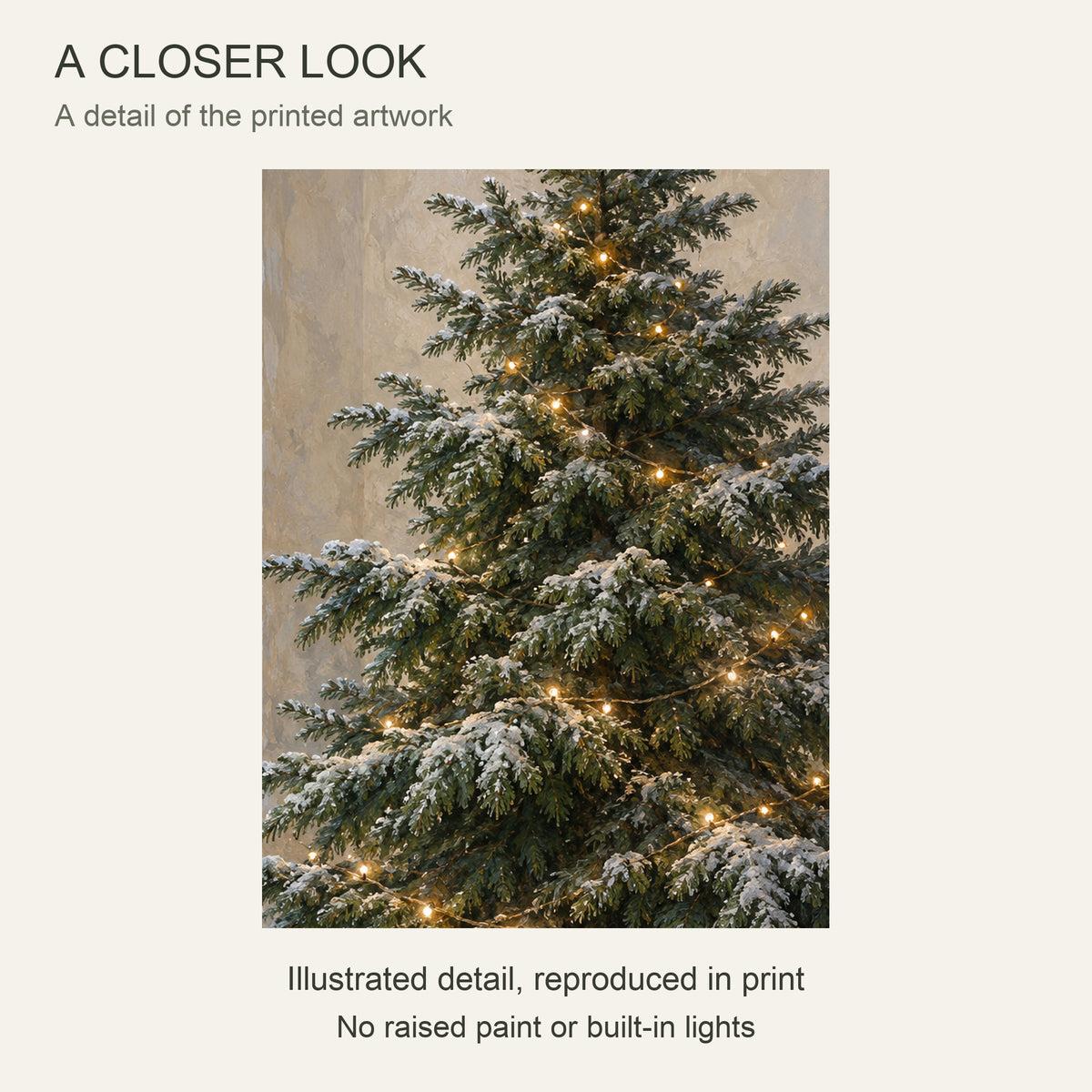 Christmas Tree Canvas Wall Art, Snowy Window and Warm Painted Lights, 12 x 18 Inches, Gallery Wrapped, No Outer Frame — Close-up crop of printed artwork — Image 4