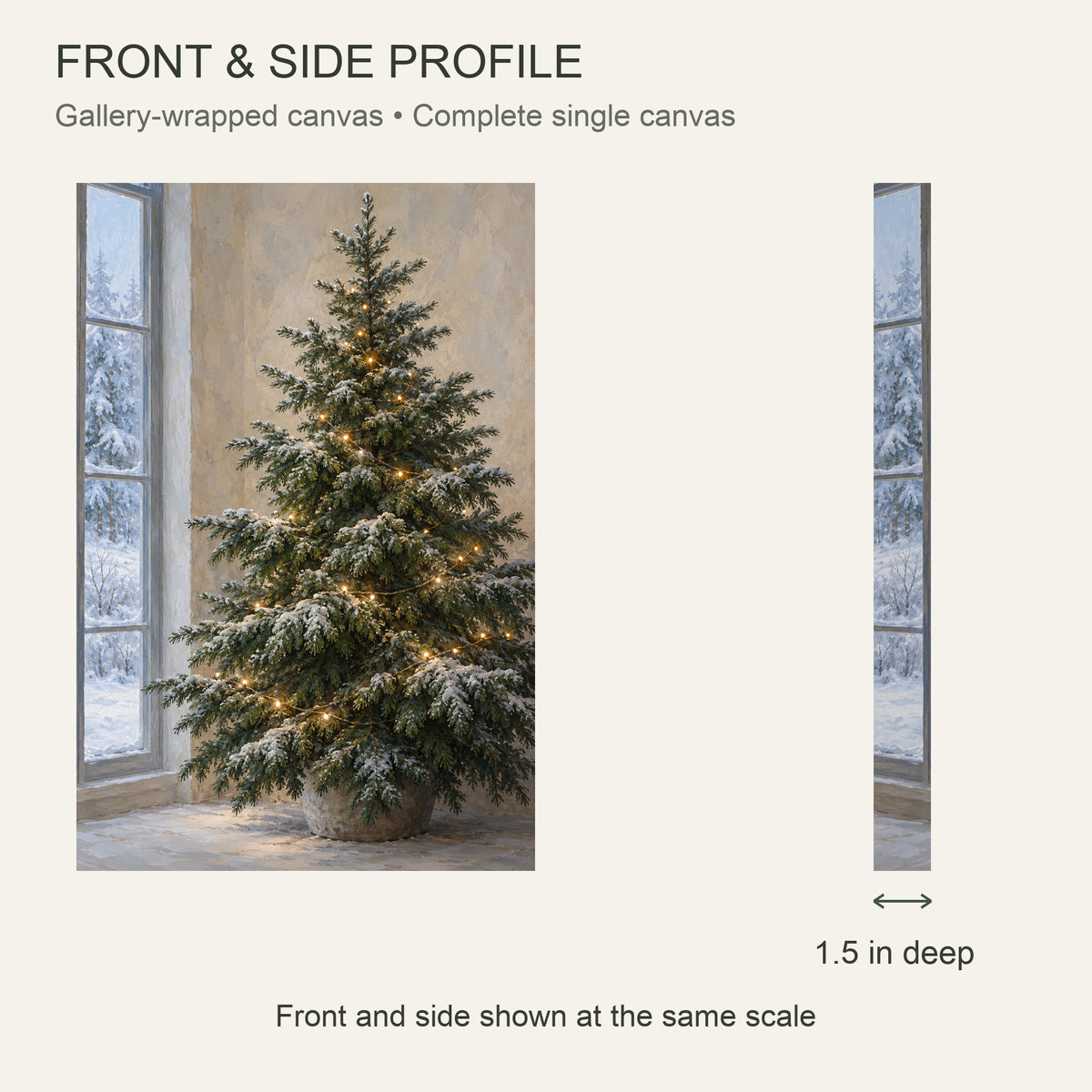 Christmas Tree Canvas Wall Art, Snowy Window and Warm Painted Lights, 12 x 18 Inches, Gallery Wrapped, No Outer Frame — Front and side profile with 1.5-inch depth — Image 5