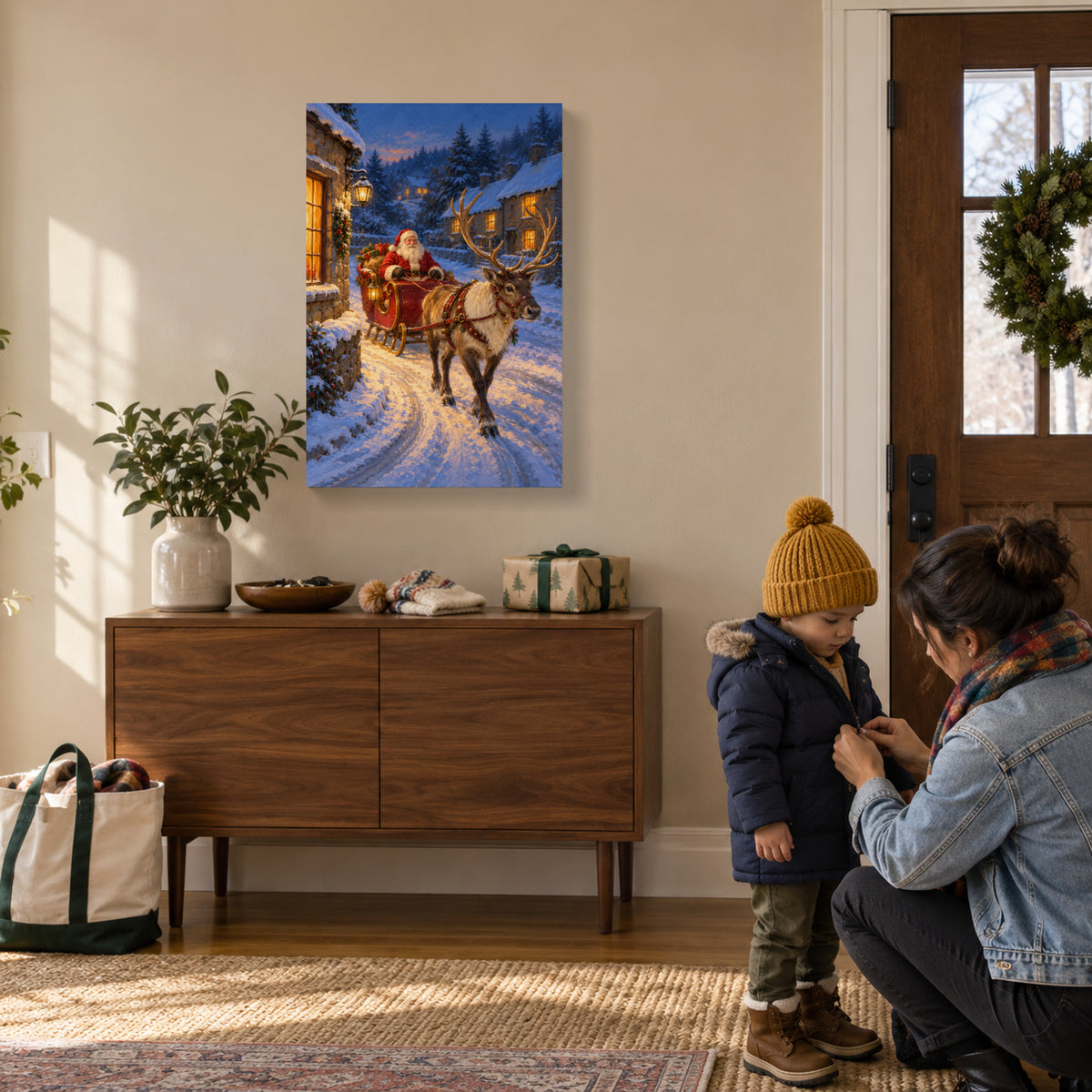 Santa Sleigh and Reindeer Christmas Canvas Wall Art, Snowy Village Street, 12 x 18 Inches, Gallery Wrapped, No Outer Frame — Complete 12 by 18 inch canvas in a styled room — Image 1