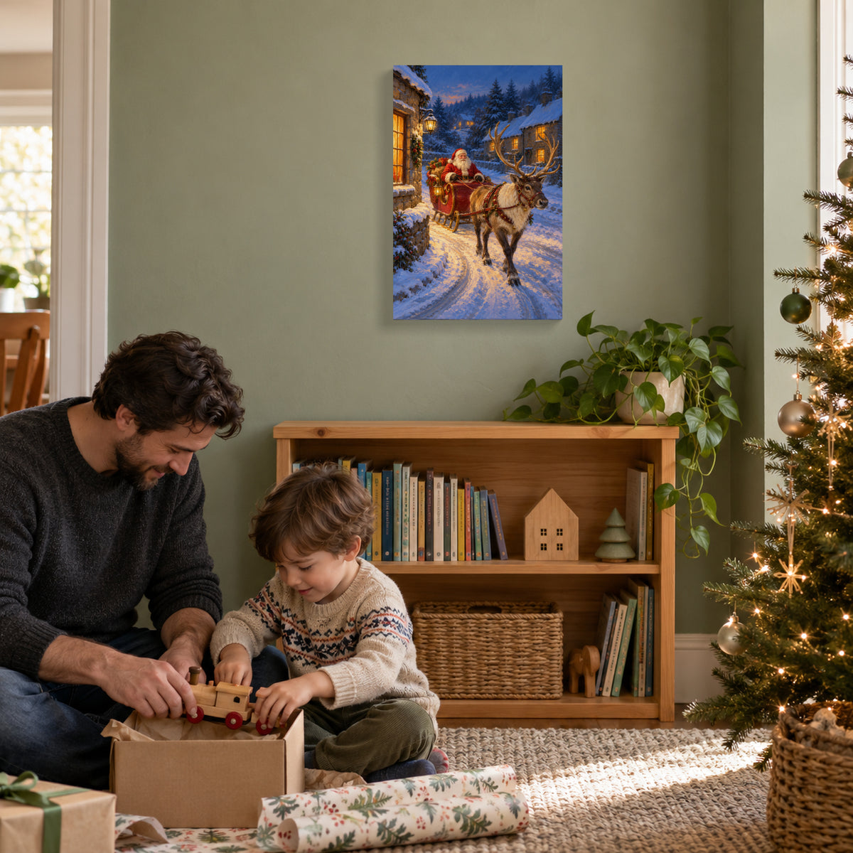 Santa Sleigh and Reindeer Christmas Canvas Wall Art, Snowy Village Street, 12 x 18 Inches, Gallery Wrapped, No Outer Frame — Second lifestyle view of complete 12 by 18 inch canvas — Image 2