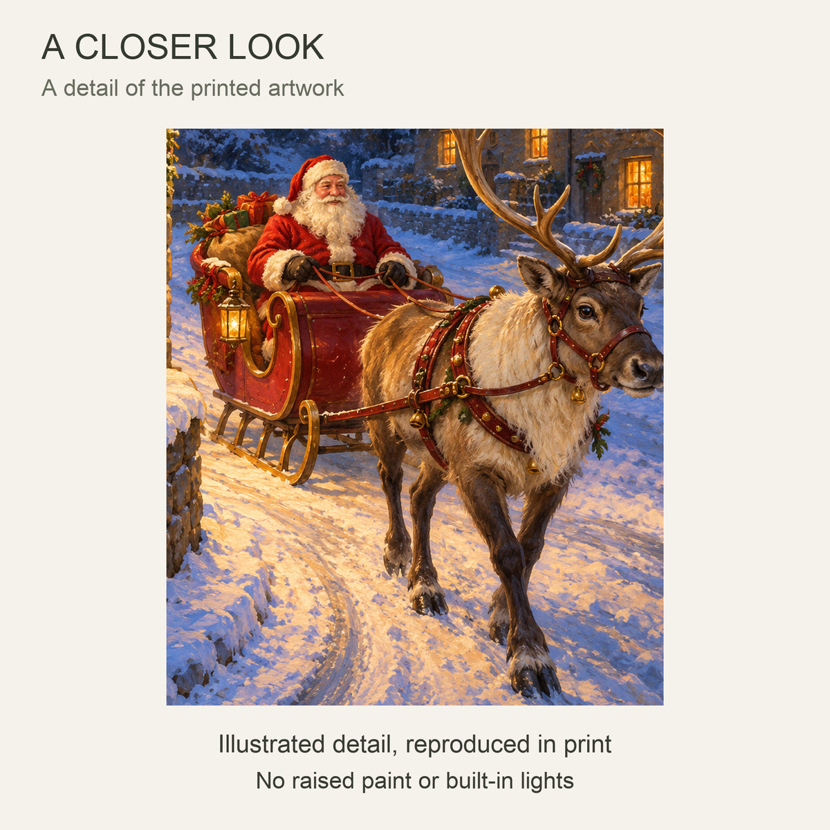 Santa Sleigh and Reindeer Christmas Canvas Wall Art, Snowy Village Street, 12 x 18 Inches, Gallery Wrapped, No Outer Frame — Close-up crop of printed artwork — Image 4