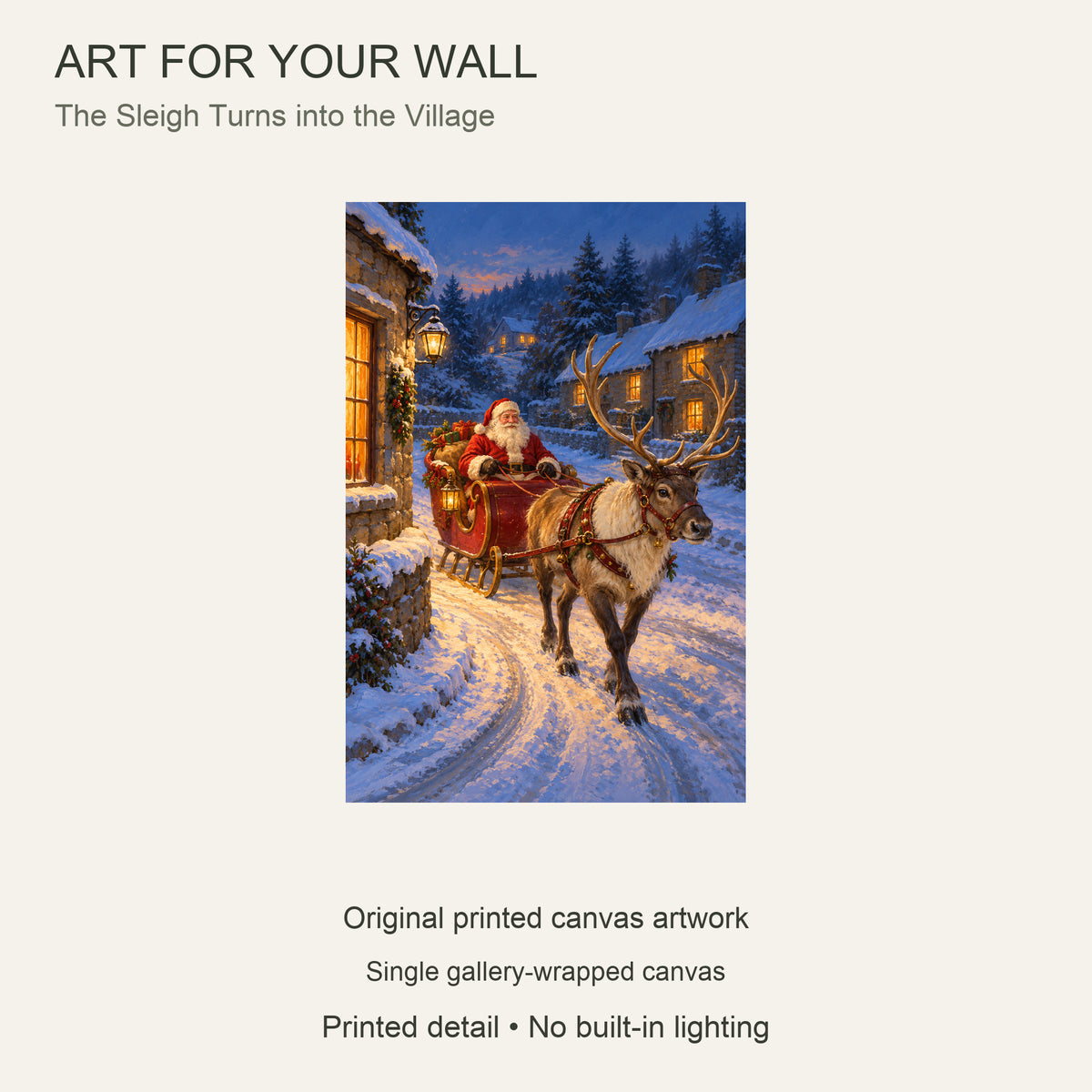 Santa Sleigh and Reindeer Christmas Canvas Wall Art, Snowy Village Street, 12 x 18 Inches, Gallery Wrapped, No Outer Frame — Artwork theme and single canvas configuration — Image 9