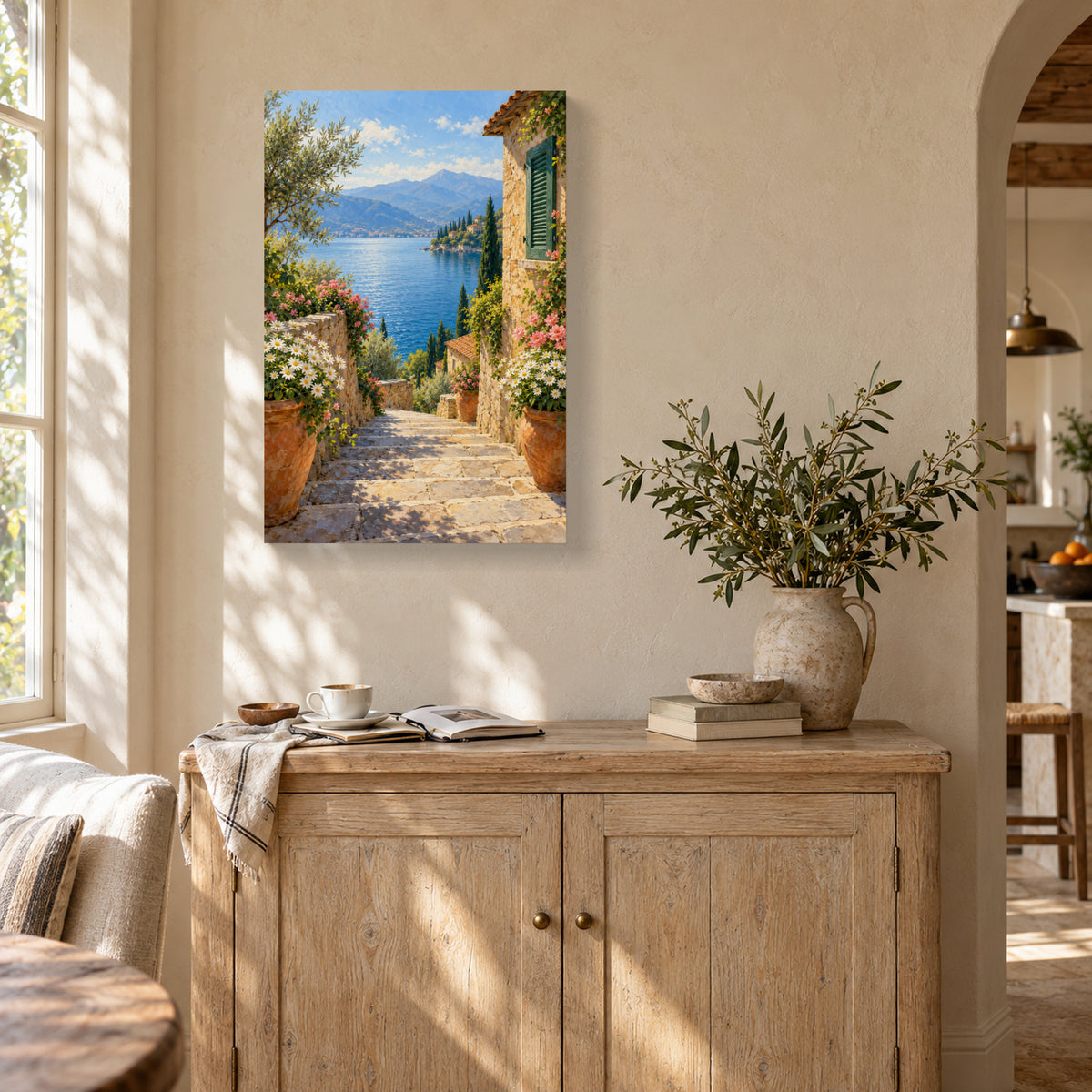 Mediterranean Lake Landscape Canvas Wall Art, Stone Steps and Flowers, 12 x 18 Inches, Gallery Wrapped, No Outer Frame — Complete 12 by 18 inch canvas in a styled room — Image 1