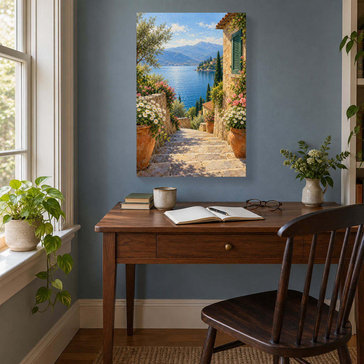 Mediterranean Lake Landscape Canvas Wall Art, Stone Steps and Flowers, 12 x 18 Inches, Gallery Wrapped, No Outer Frame — Second lifestyle view of complete 12 by 18 inch canvas — Image 2