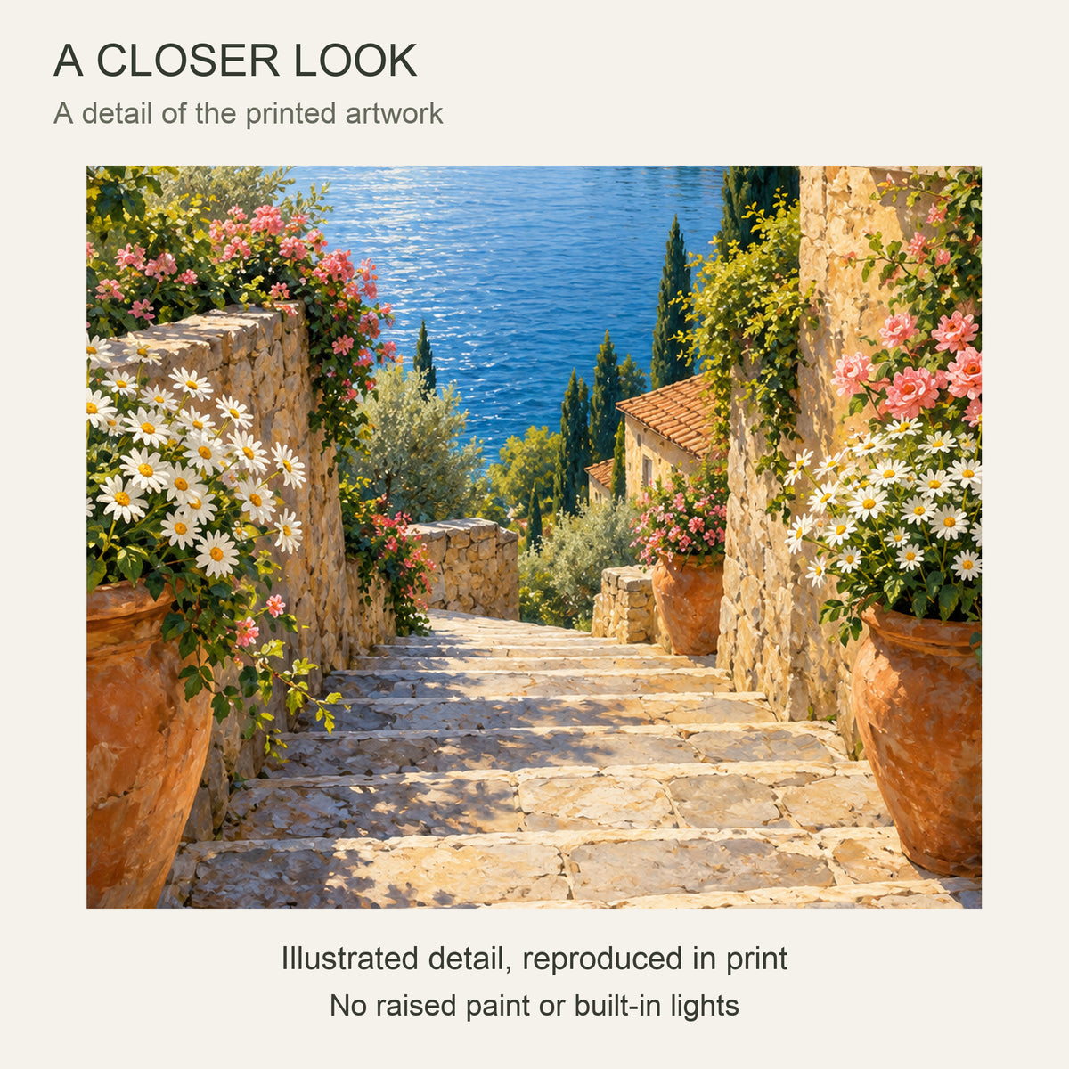 Mediterranean Lake Landscape Canvas Wall Art, Stone Steps and Flowers, 12 x 18 Inches, Gallery Wrapped, No Outer Frame — Close-up crop of printed artwork — Image 4
