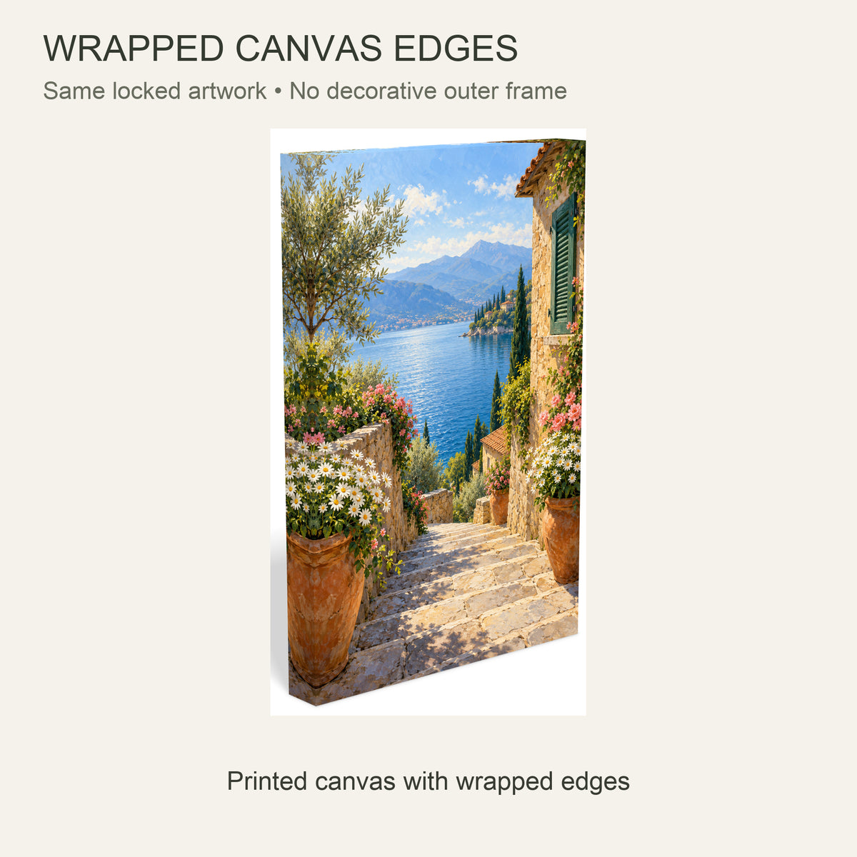Mediterranean Lake Landscape Canvas Wall Art, Stone Steps and Flowers, 12 x 18 Inches, Gallery Wrapped, No Outer Frame — Same artwork wrapped canvas edge detail, no outer frame — Image 6