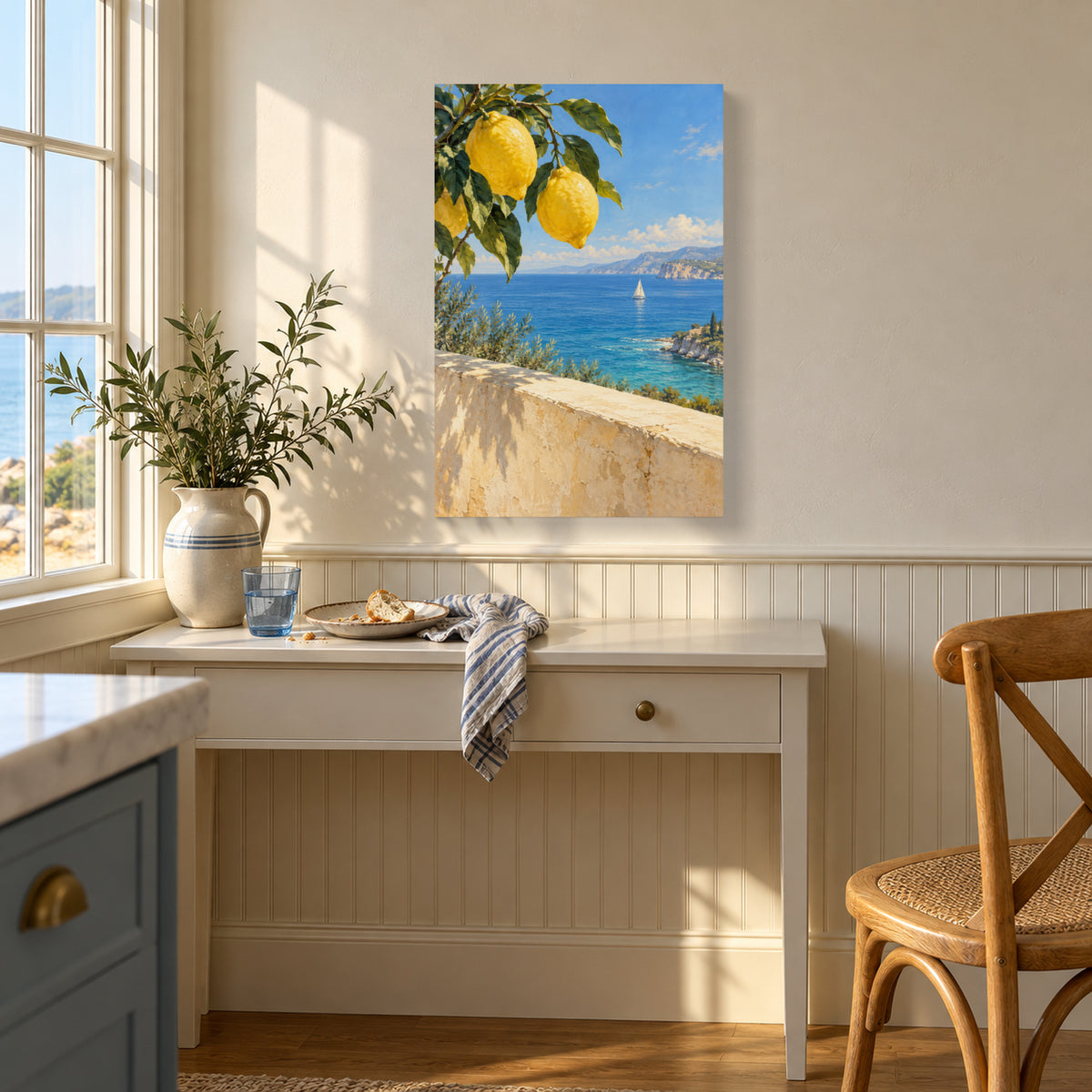 Lemon Tree Coastal Canvas Wall Art, Blue Bay and Sailboat Landscape, 12 x 18 Inches, Gallery Wrapped, No Outer Frame — Complete 12 by 18 inch canvas in a styled room — Image 1