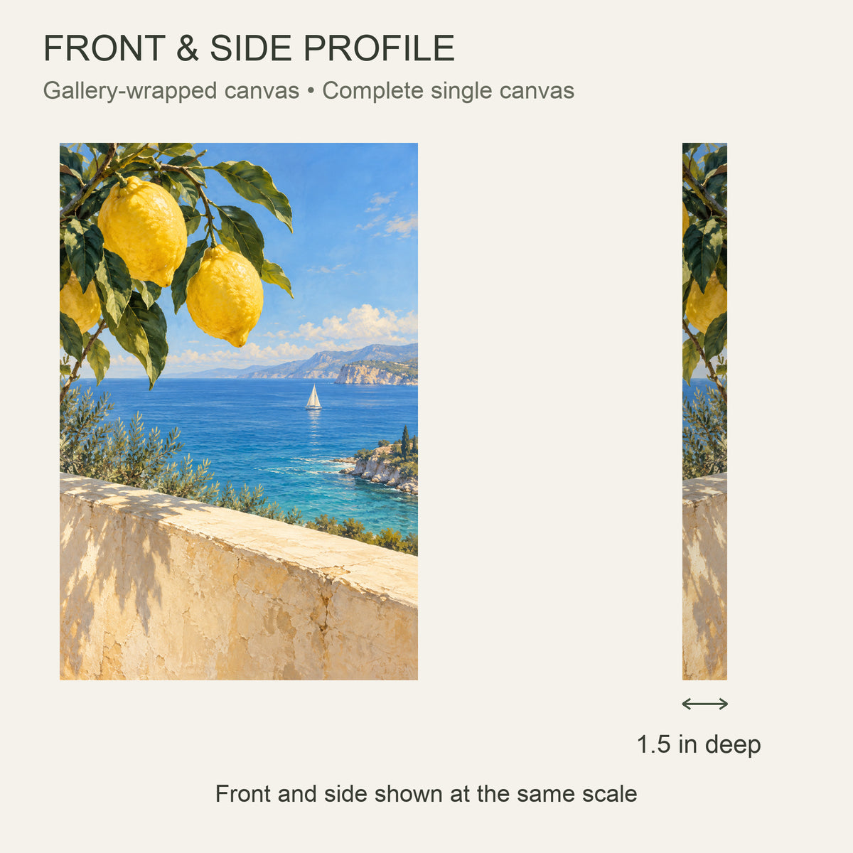 Lemon Tree Coastal Canvas Wall Art, Blue Bay and Sailboat Landscape, 12 x 18 Inches, Gallery Wrapped, No Outer Frame — Front and side profile with 1.5-inch depth — Image 5