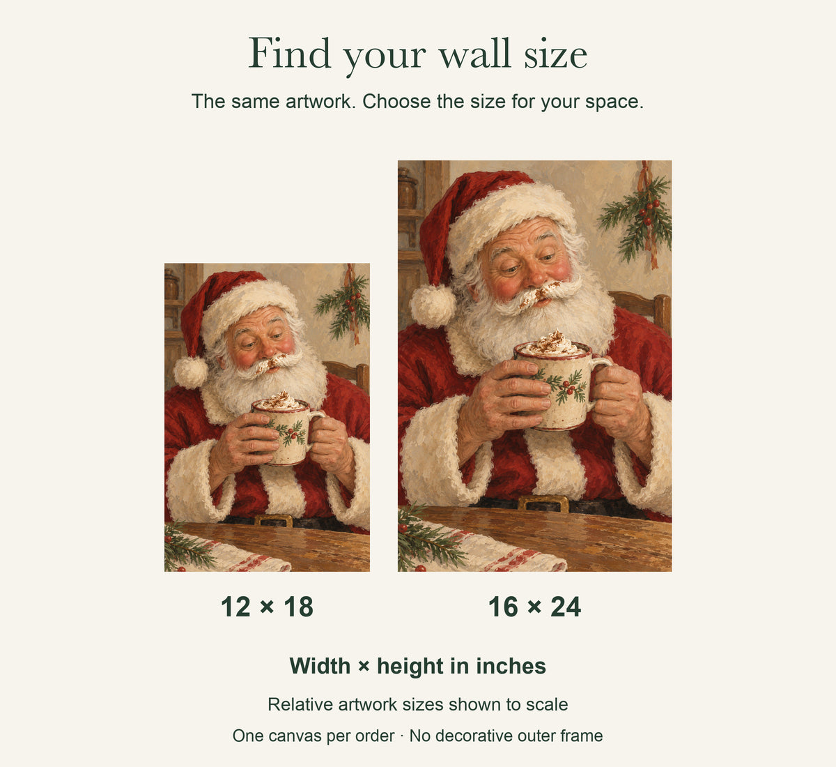 Santa Has a Cocoa Moustache — Christmas Canvas Wall Art — artwork size comparison, width × height in inches — Image 8