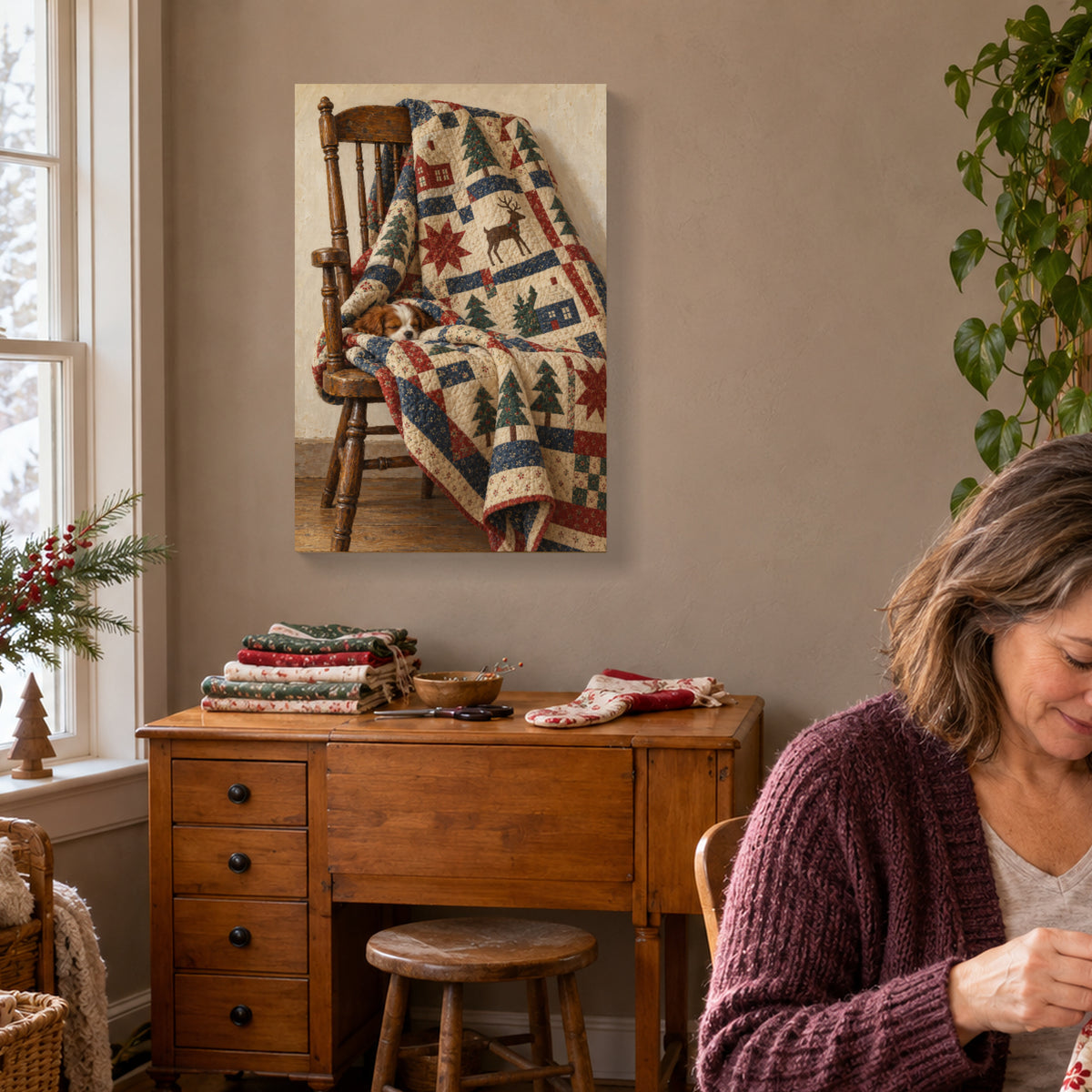 Christmas Stitched into a Quilt — Christmas Canvas Wall Art — Complete canvas in a themed home setting — Image 1