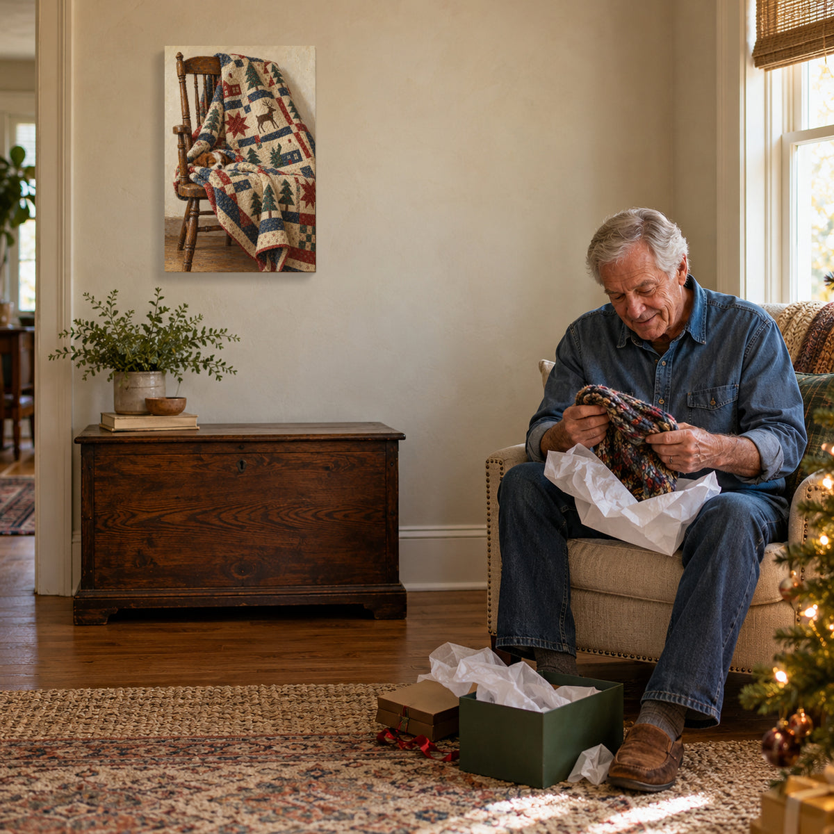 Christmas Stitched into a Quilt — Christmas Canvas Wall Art — Alternative lifestyle view of the complete canvas — Image 3