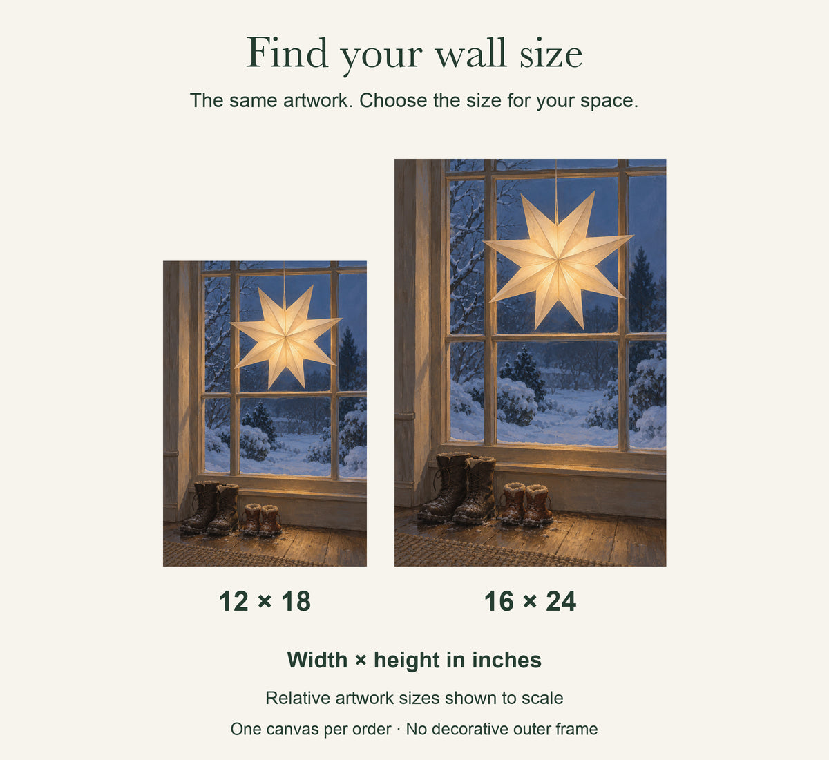 A Star Waiting at the Window — Christmas Canvas Wall Art — artwork size comparison, width × height in inches — Image 8