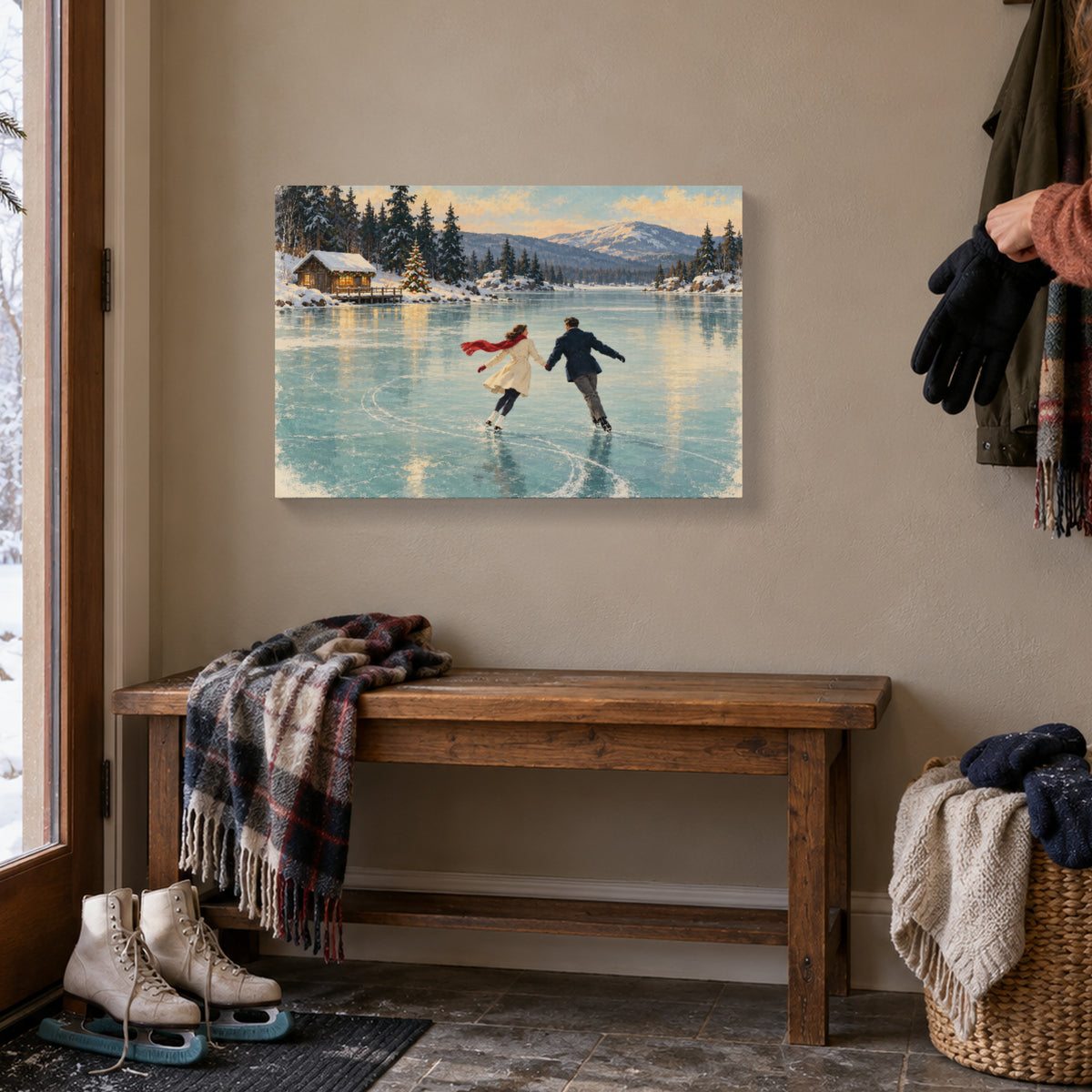 A Red Scarf on the Ice — Christmas Canvas Wall Art — Complete canvas in a themed home setting — Image 1