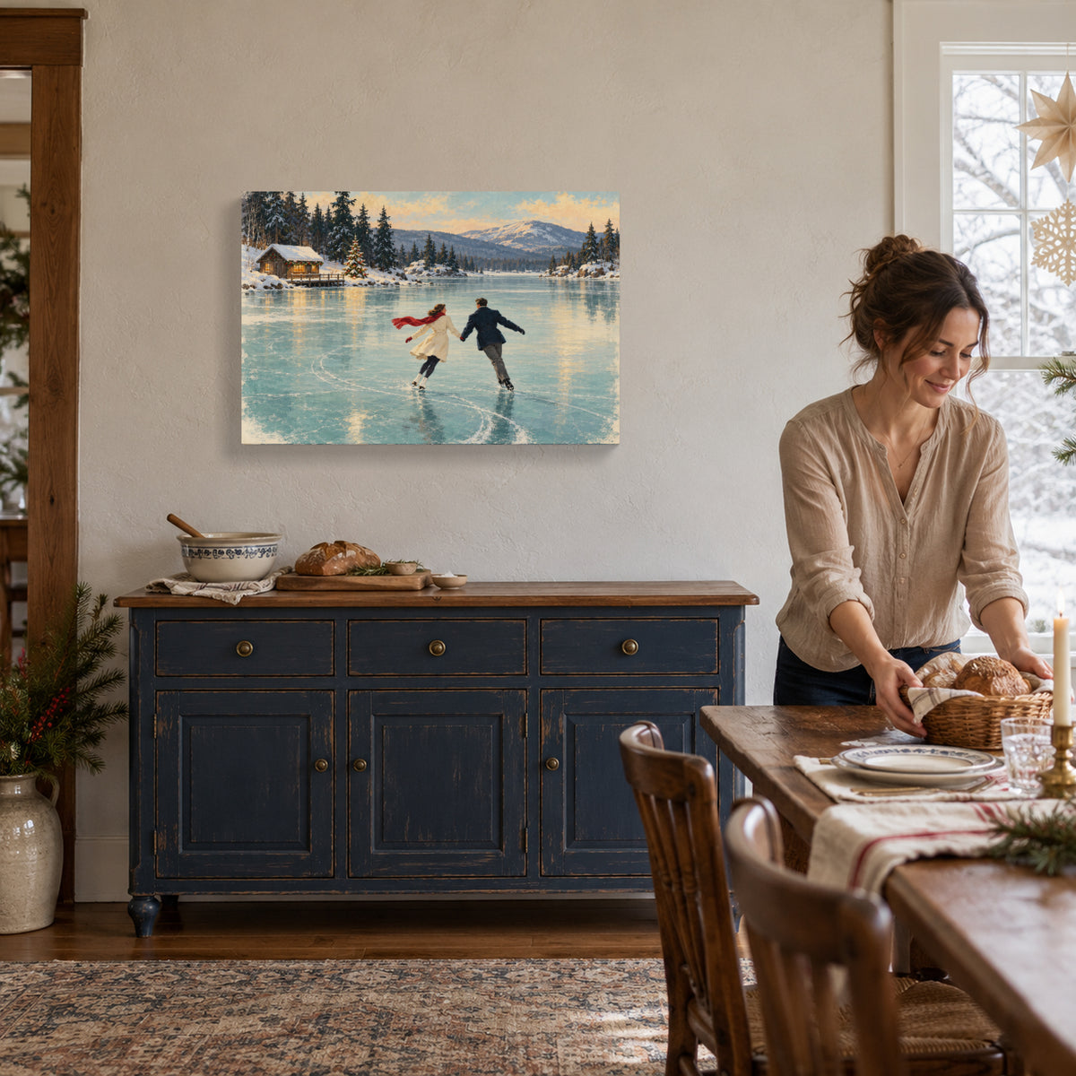 A Red Scarf on the Ice — Christmas Canvas Wall Art — Lifestyle view of the complete canvas — Image 2