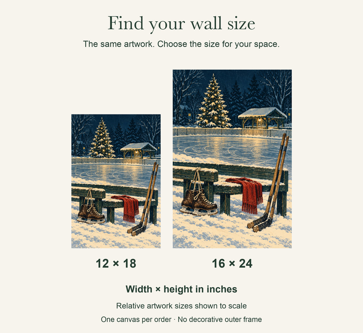 Christmas After the Last Skate — Christmas Canvas Wall Art — artwork size comparison, width × height in inches — Image 8