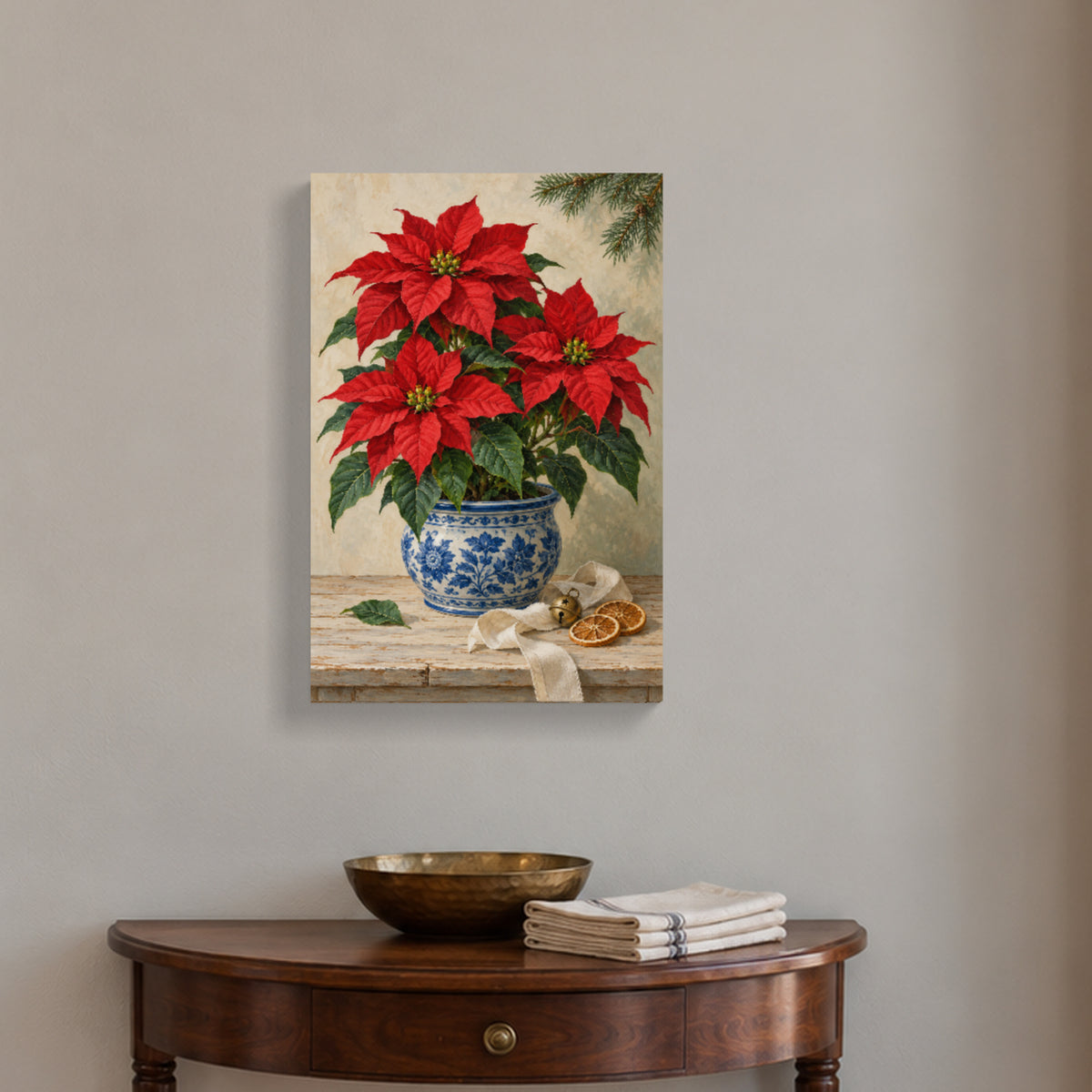 Christmas Red in Blue Porcelain — Christmas Canvas Wall Art — Complete canvas in a themed home setting — Image 1