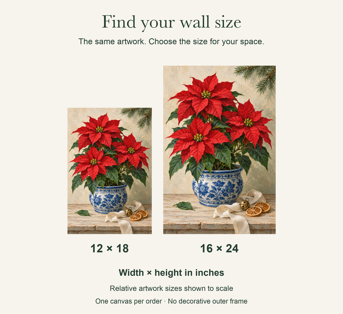 Christmas Red in Blue Porcelain — Christmas Canvas Wall Art — artwork size comparison, width × height in inches — Image 8