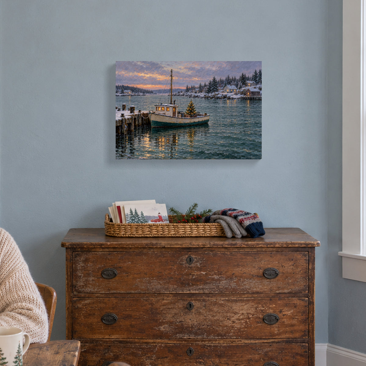 A Christmas Tree in the Harbor — Christmas Canvas Wall Art — Complete canvas in a themed home setting — Image 1