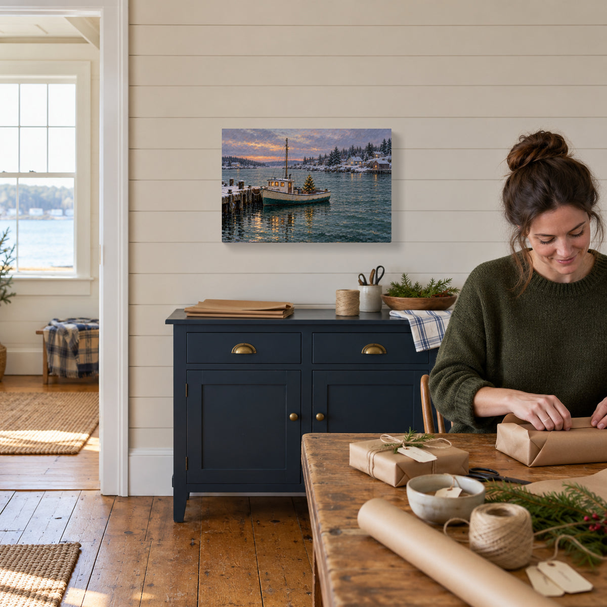 A Christmas Tree in the Harbor — Christmas Canvas Wall Art — Lifestyle view of the complete canvas — Image 2