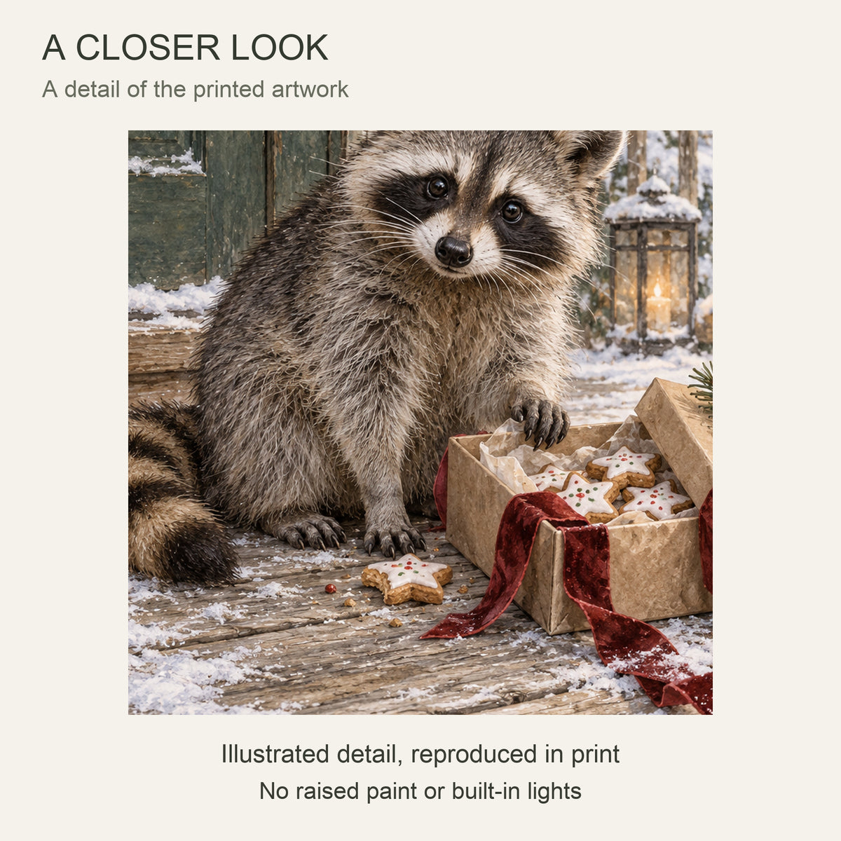 The Raccoon Found the Cookies — Christmas Canvas Wall Art — Detail crop of the printed artwork — Image 4
