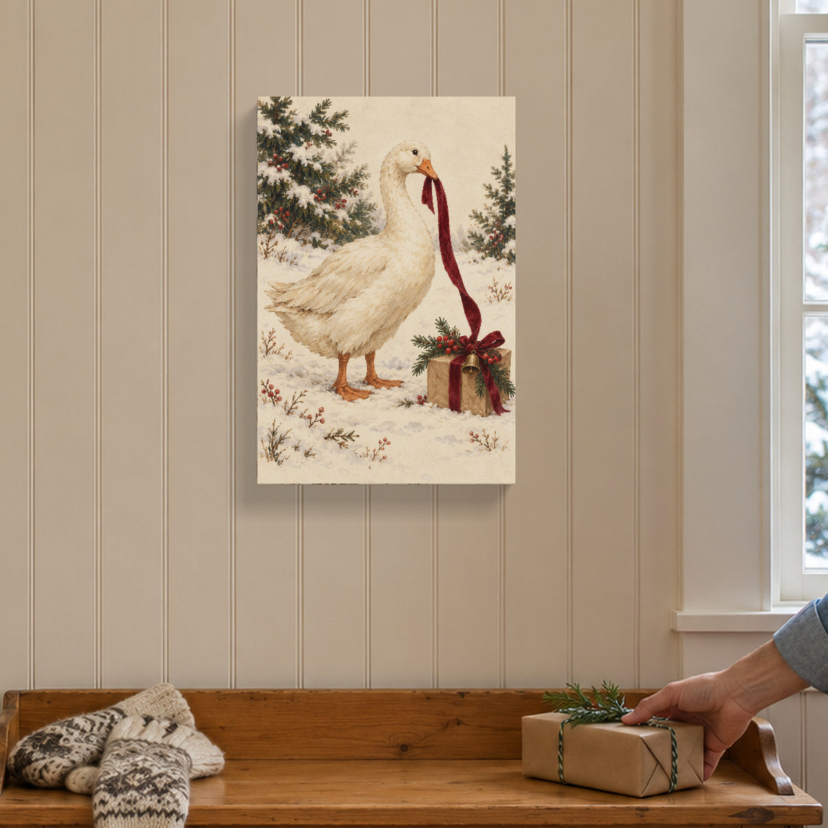 The Goose Took the Ribbon — Christmas Canvas Wall Art — Lifestyle view of the complete canvas — Image 2