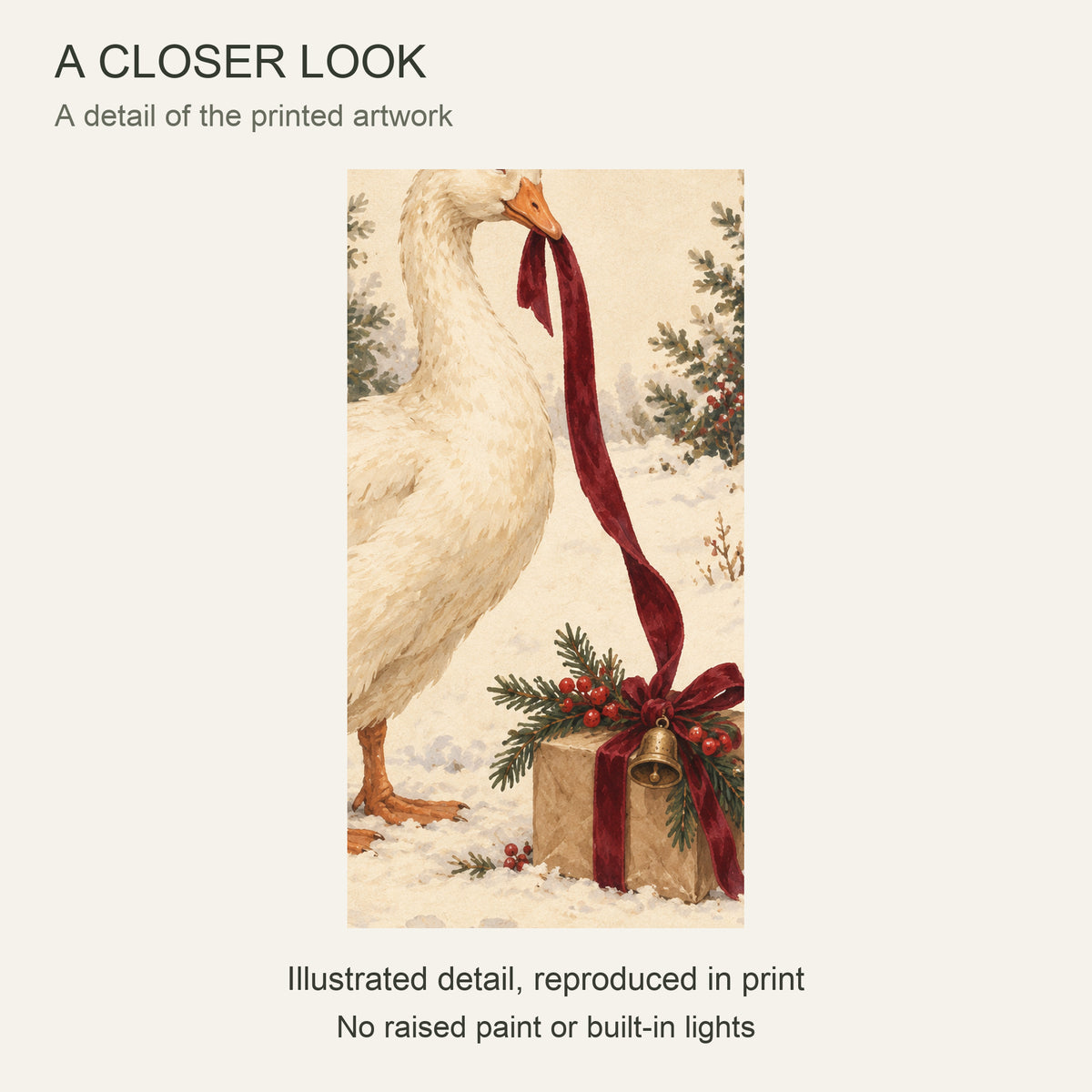 The Goose Took the Ribbon — Christmas Canvas Wall Art — Detail crop of the printed artwork — Image 4