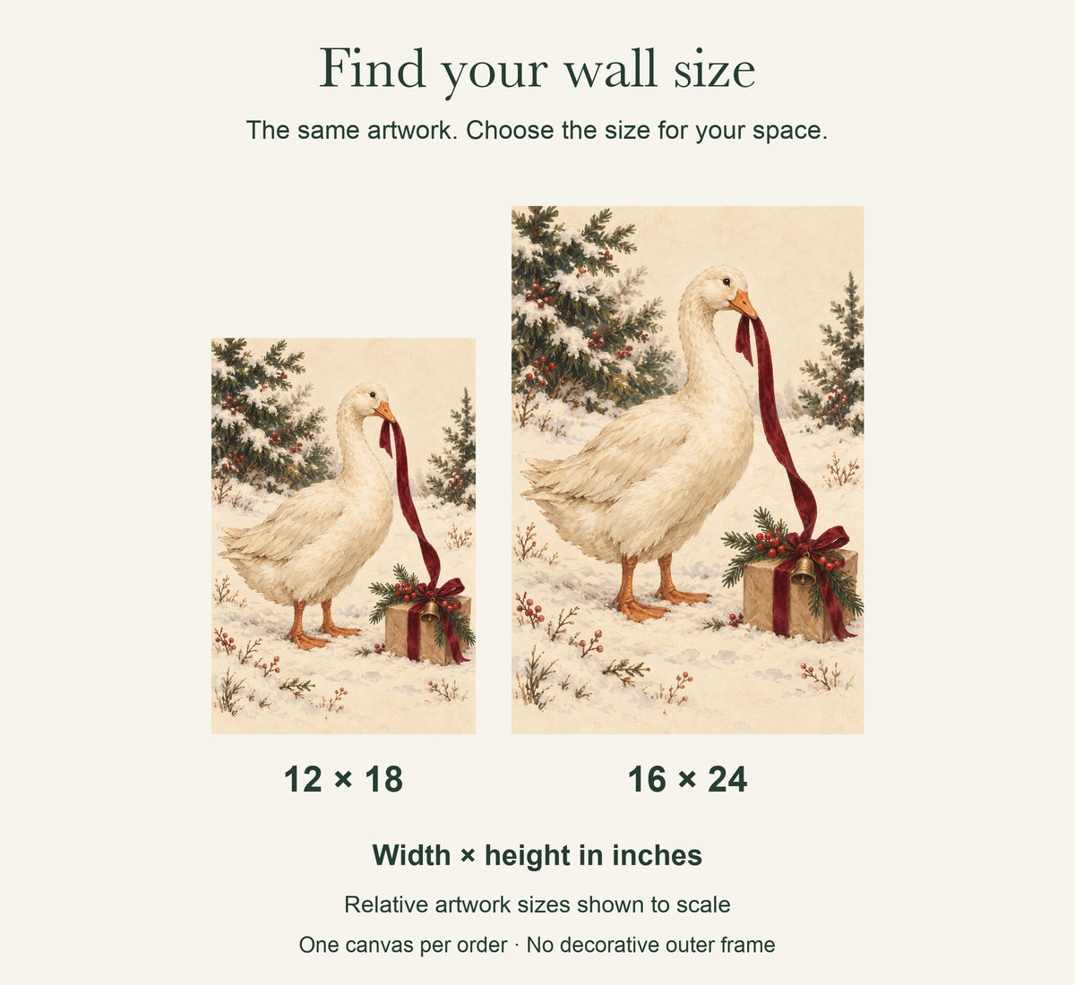 The Goose Took the Ribbon — Christmas Canvas Wall Art — artwork size comparison, width × height in inches — Image 8