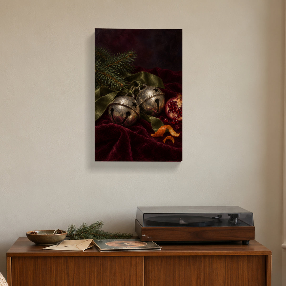 Old Silver Bells on Christmas Eve — Christmas Canvas Wall Art — Alternative lifestyle view of the complete canvas — Image 3