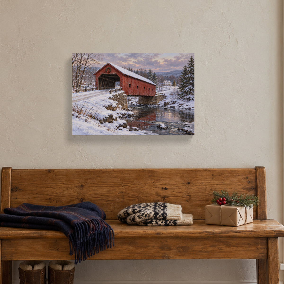 Christmas Beyond the Covered Bridge — Christmas Canvas Wall Art — Complete canvas in a themed home setting — Image 1