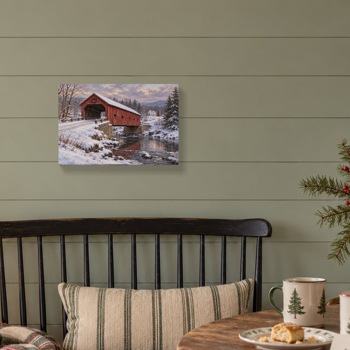 Christmas Beyond the Covered Bridge — Christmas Canvas Wall Art — Alternative lifestyle view of the complete canvas — Image 3