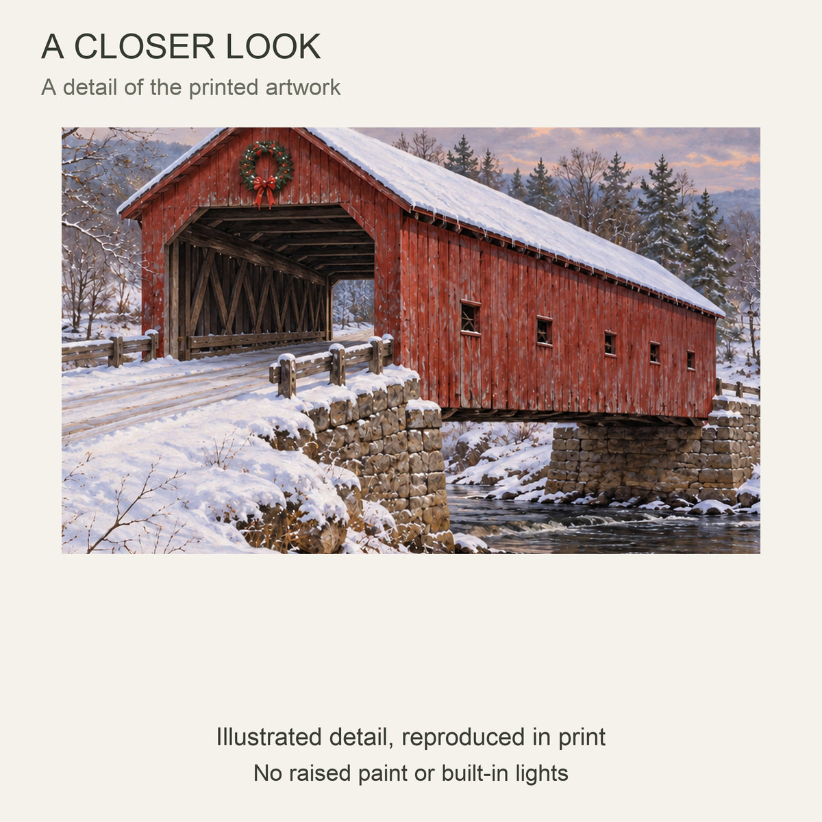 Christmas Beyond the Covered Bridge — Christmas Canvas Wall Art — Detail crop of the printed artwork — Image 4