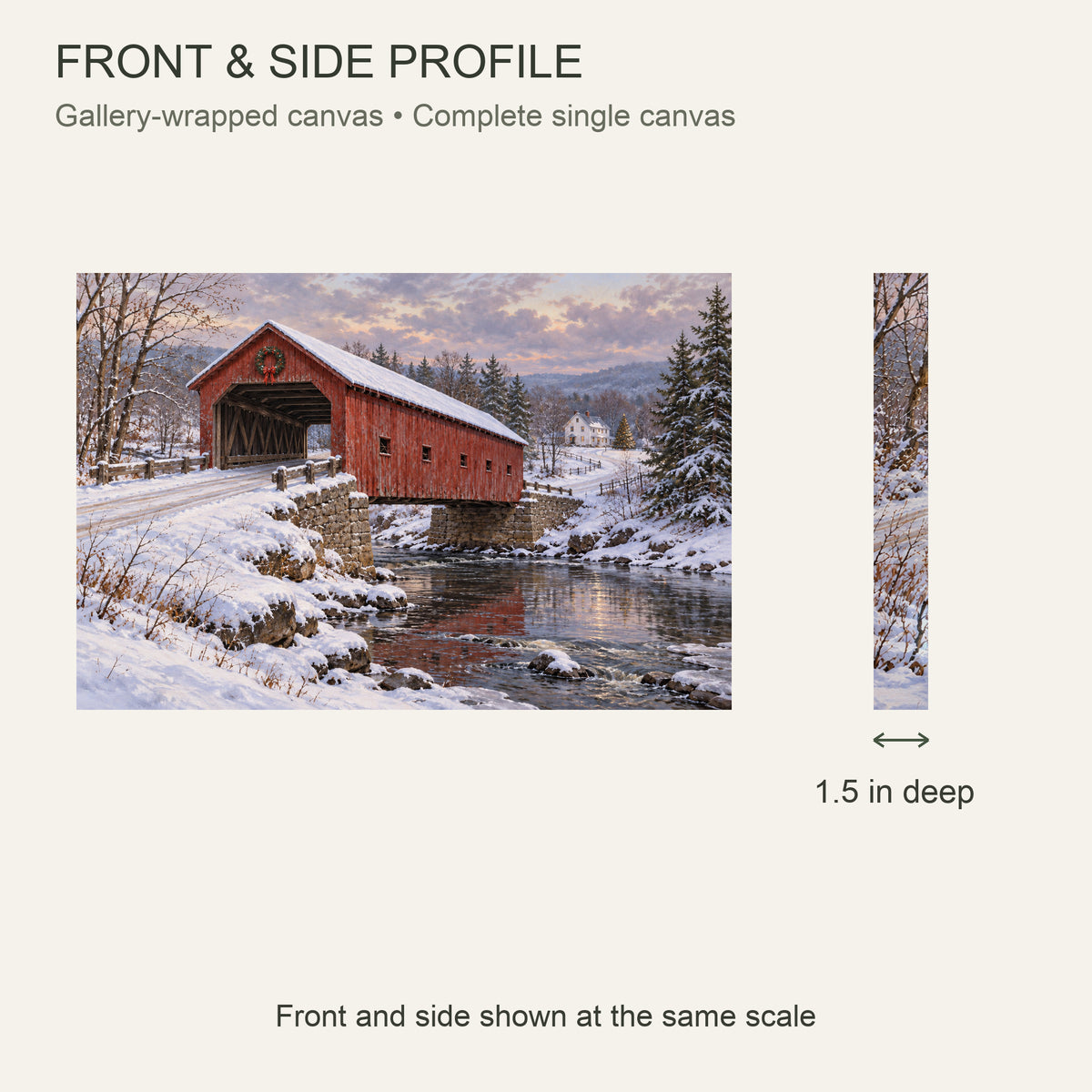 Christmas Beyond the Covered Bridge — Christmas Canvas Wall Art — Complete front and 1.5 inch side profile — Image 5