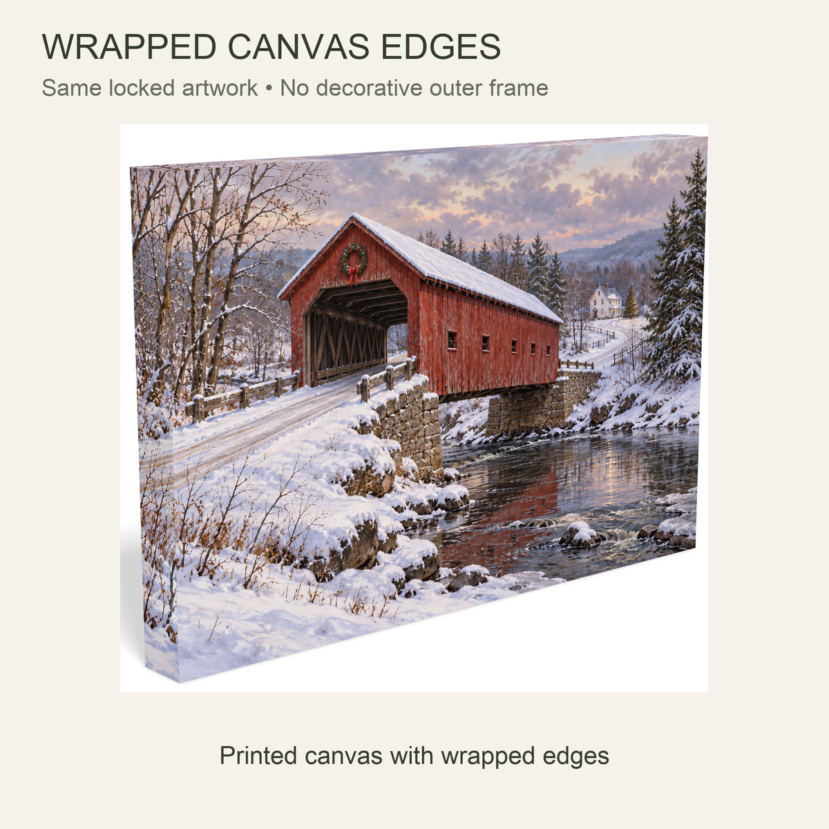 Christmas Beyond the Covered Bridge — Christmas Canvas Wall Art — Continuous wrapped canvas edge detail, no outer frame — Image 6